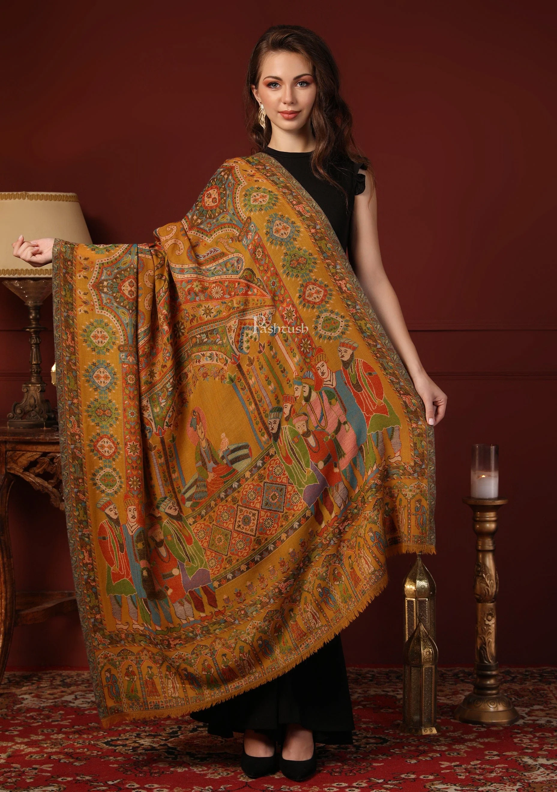Pashtush His And Her Gift Set Of 100% Pure Wool Printed Stole and Darbar Shawl With Wooden Chester Box, Multicolour - Image 17