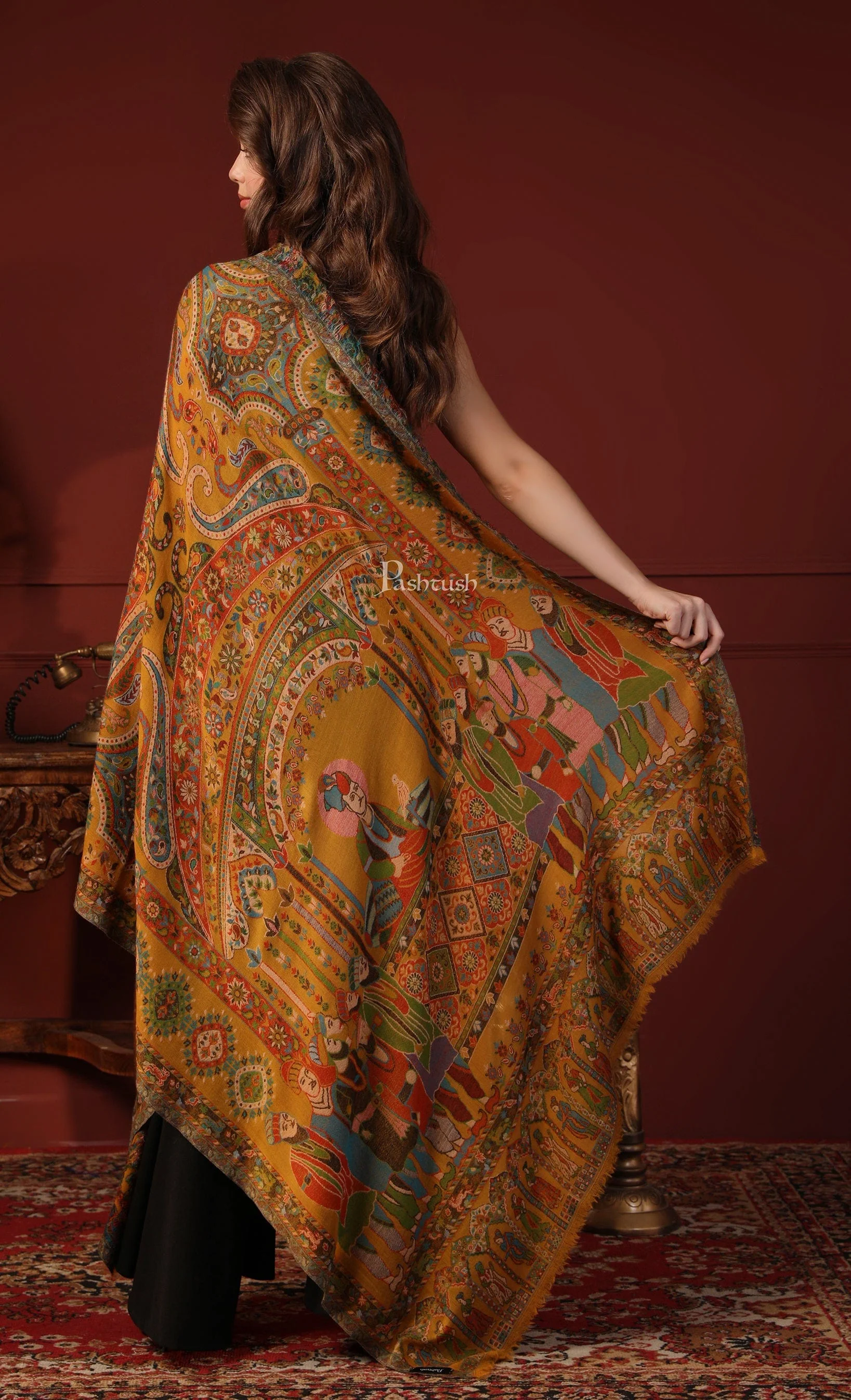 Pashtush His And Her Gift Set Of 100% Pure Wool Printed Stole and Darbar Shawl With Wooden Chester Box, Multicolour - Image 18