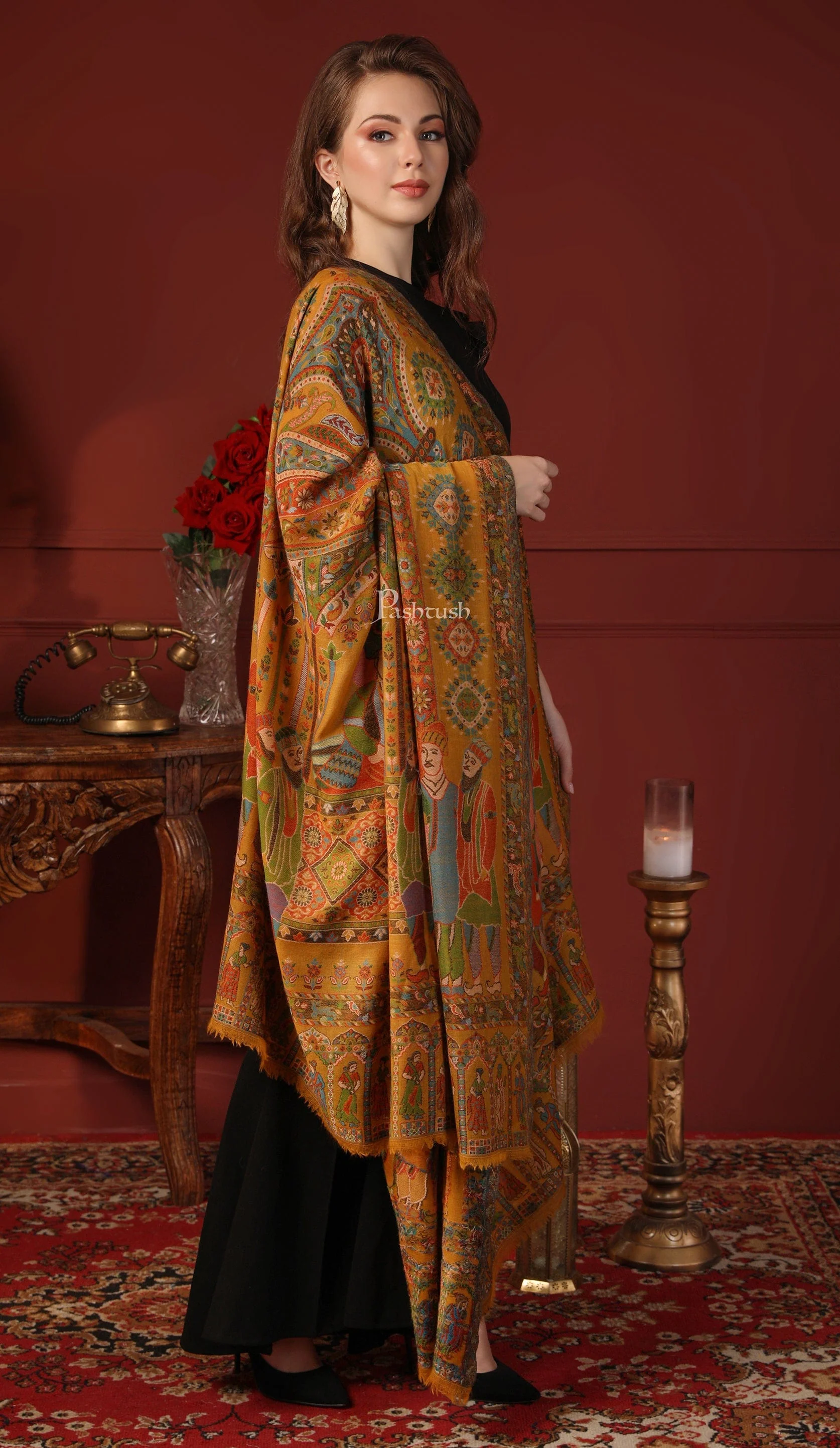 Pashtush His And Her Gift Set Of 100% Pure Wool Printed Stole and Darbar Shawl With Wooden Chester Box, Multicolour - Image 20