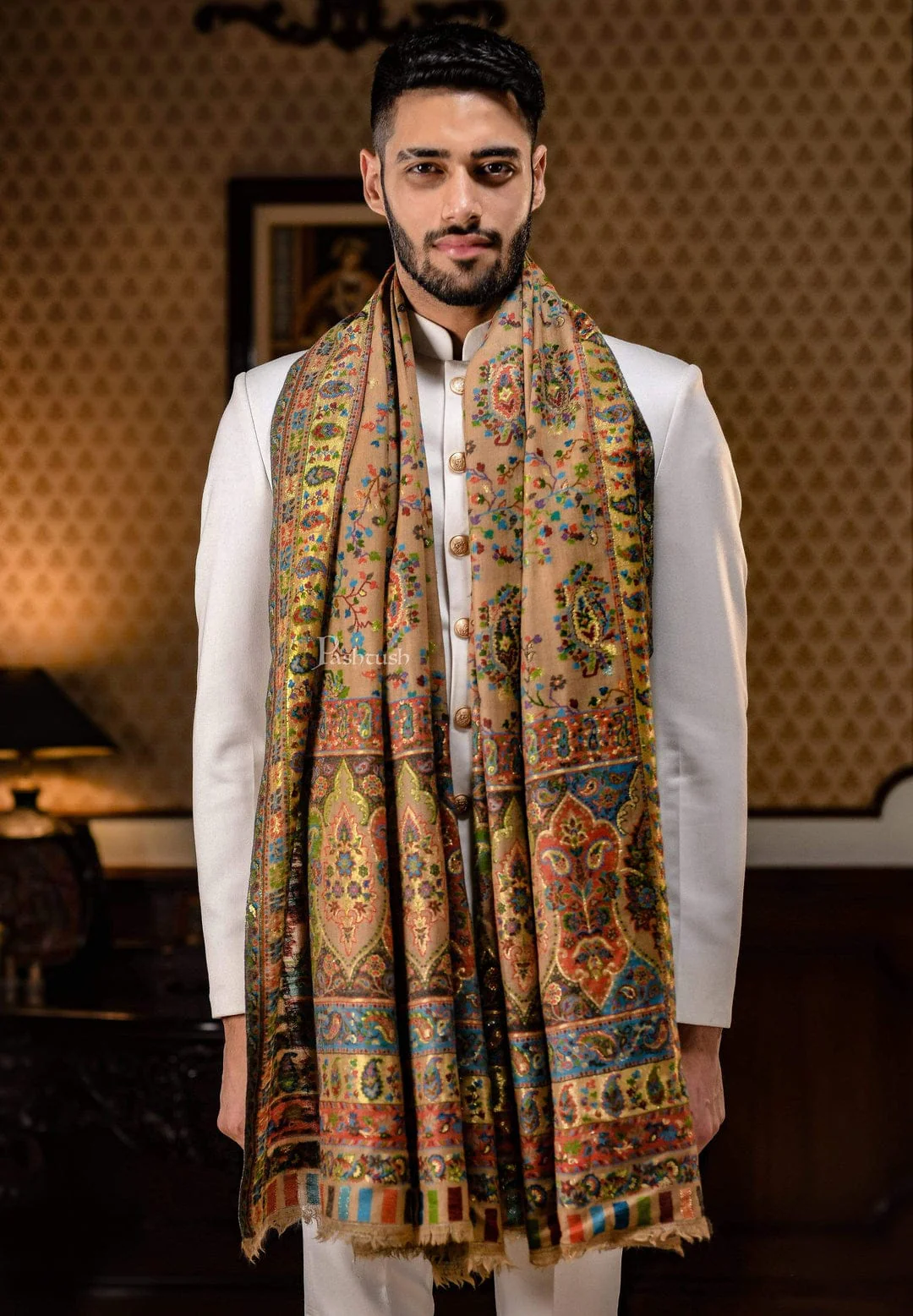 Pashtush His and Her Gift Set of 100% Pure Wool Stoles, Beige and Multicoloured, Packaged in Keepsake Wooden Chester Gift Box - Image 3