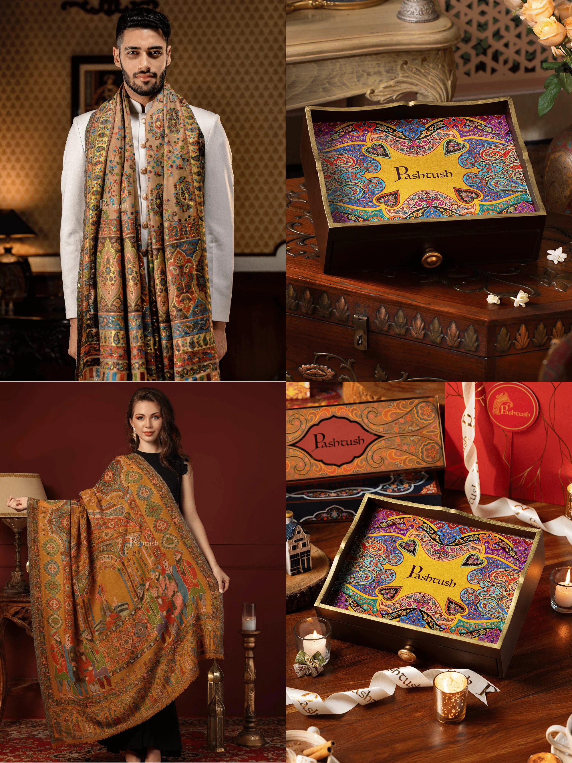 Pashtush His and Her Gift Set of 100% Pure Wool Stoles, Beige and Multicoloured, Packaged in Keepsake Wooden Chester Gift Box