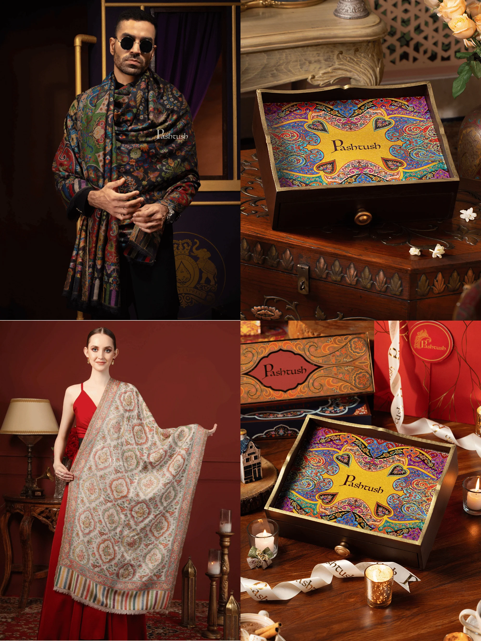 Pashtush His and Her Gift Set of 100% Pure Wool Stoles, Black and Multicoloured, Packaged in Keepsake Wooden Chester Gift Box