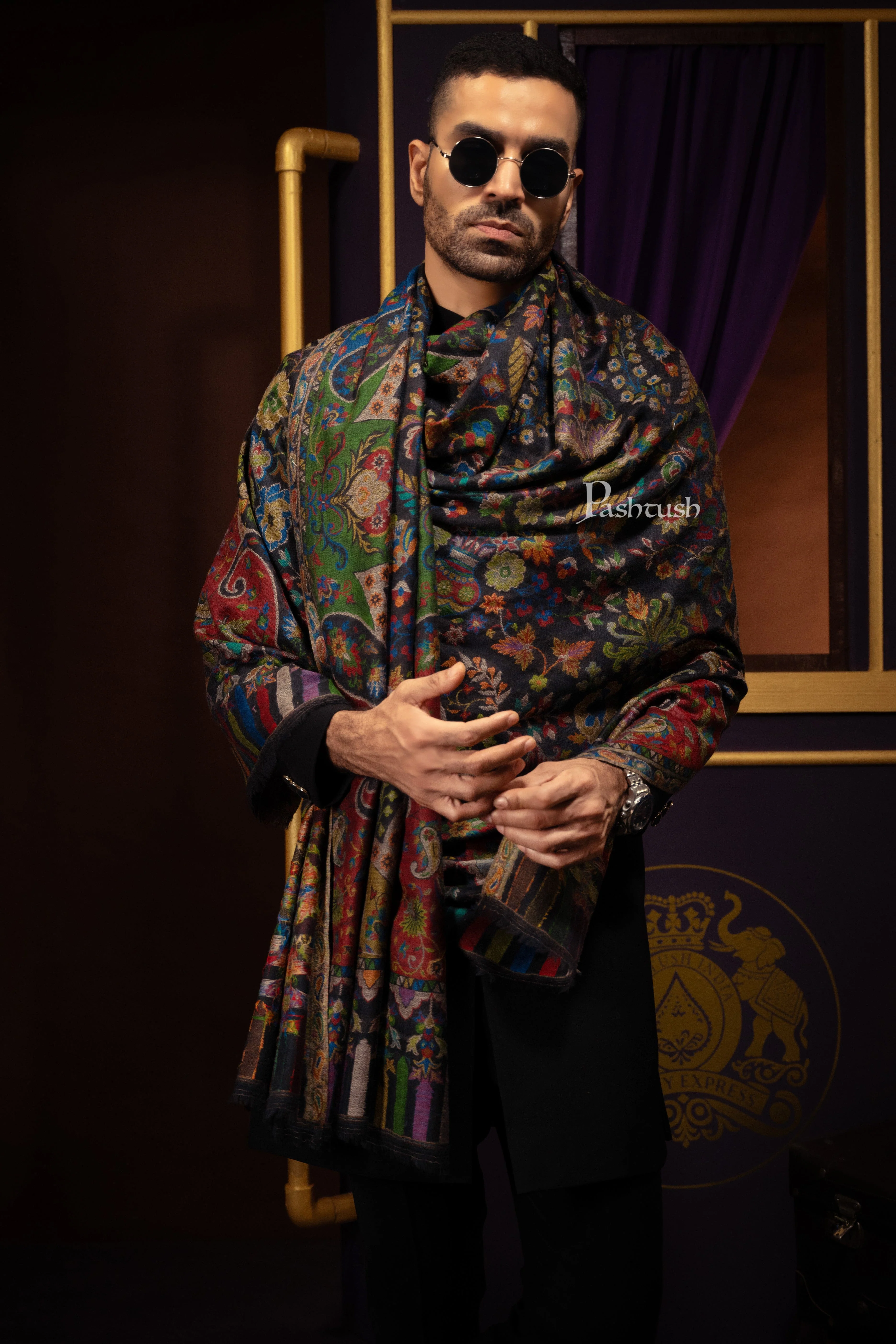 Pashtush His and Her Gift Set of 100% Pure Wool Stoles, Black and Multicoloured, Packaged in Keepsake Wooden Chester Gift Box - Image 7