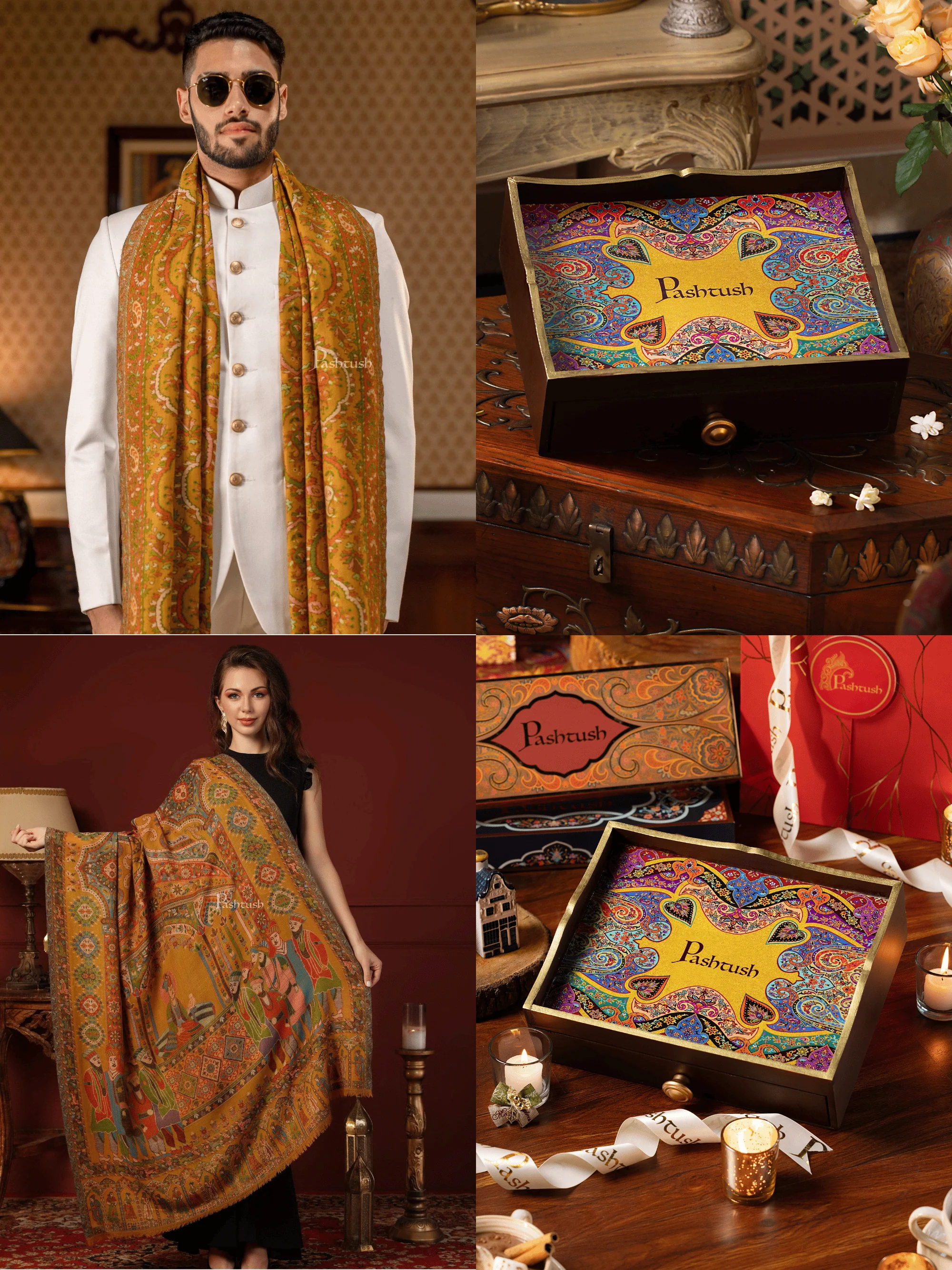 Pashtush His and Her Gift Set of 100% Pure Wool Stoles,Multicoloured, Packaged in Keepsake Wooden Chester Gift Box