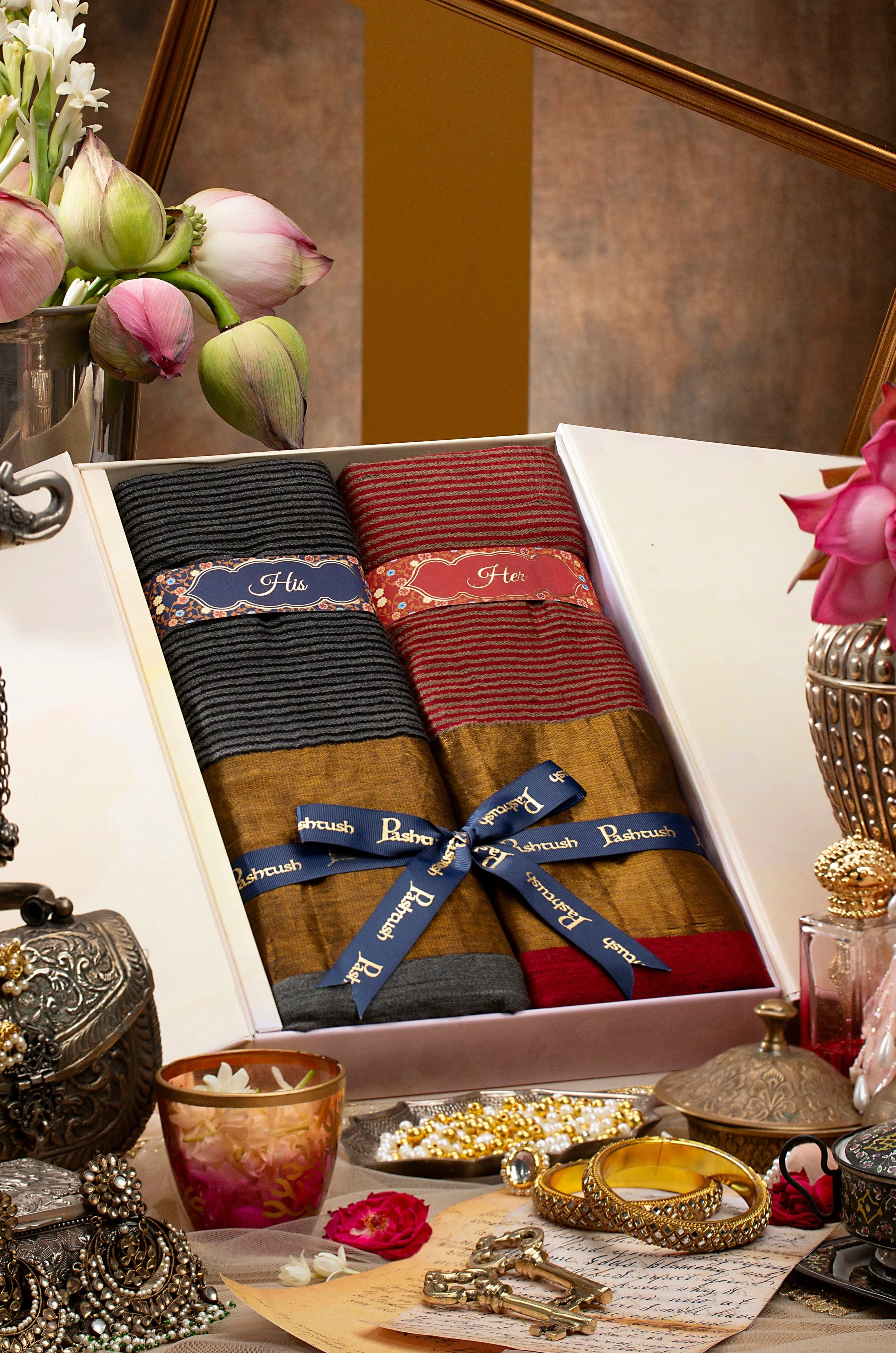 Pashtush His And Her Gift Set Of Banded Twilight Stoles With Premium Gift Box Packaging, Grey And Maroon