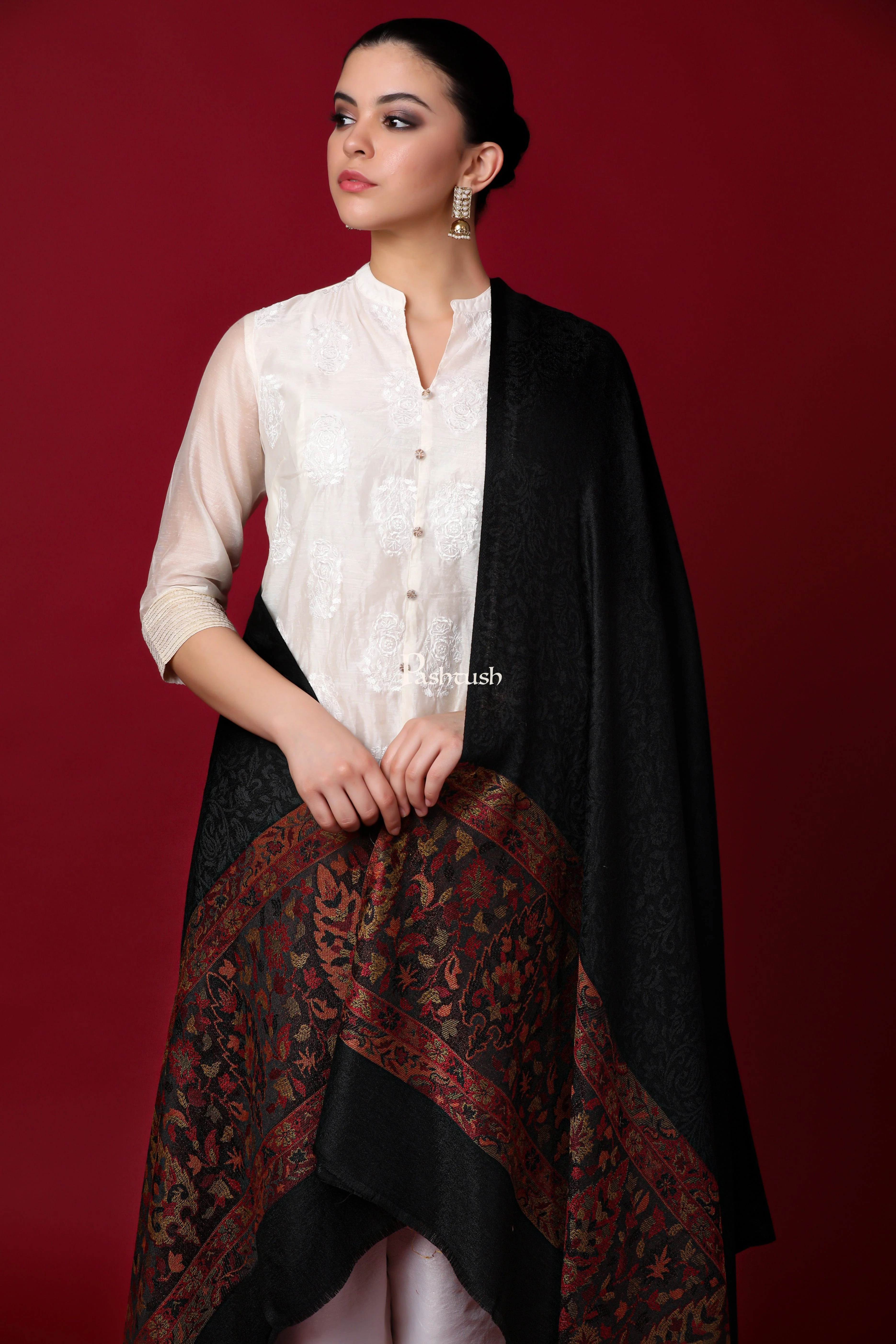 Pashtush His And Her Gift Set Of Check Stole and Ethnic Weave Palla Shawl With Premium Gift Box Packaging, Black - Image 8