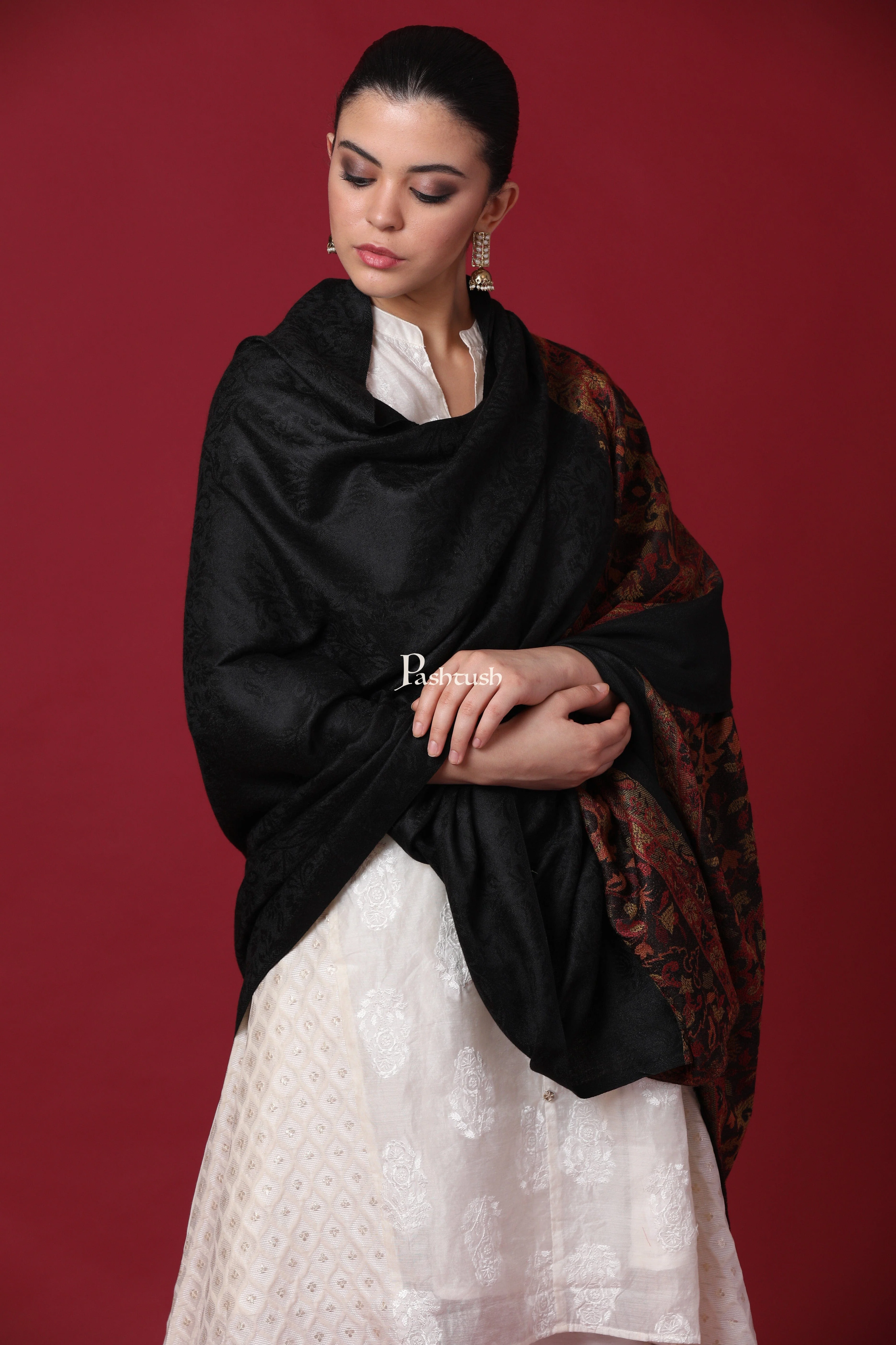 Pashtush His And Her Gift Set Of Check Stole and Ethnic Weave Palla Shawl With Premium Gift Box Packaging, Black - Image 9