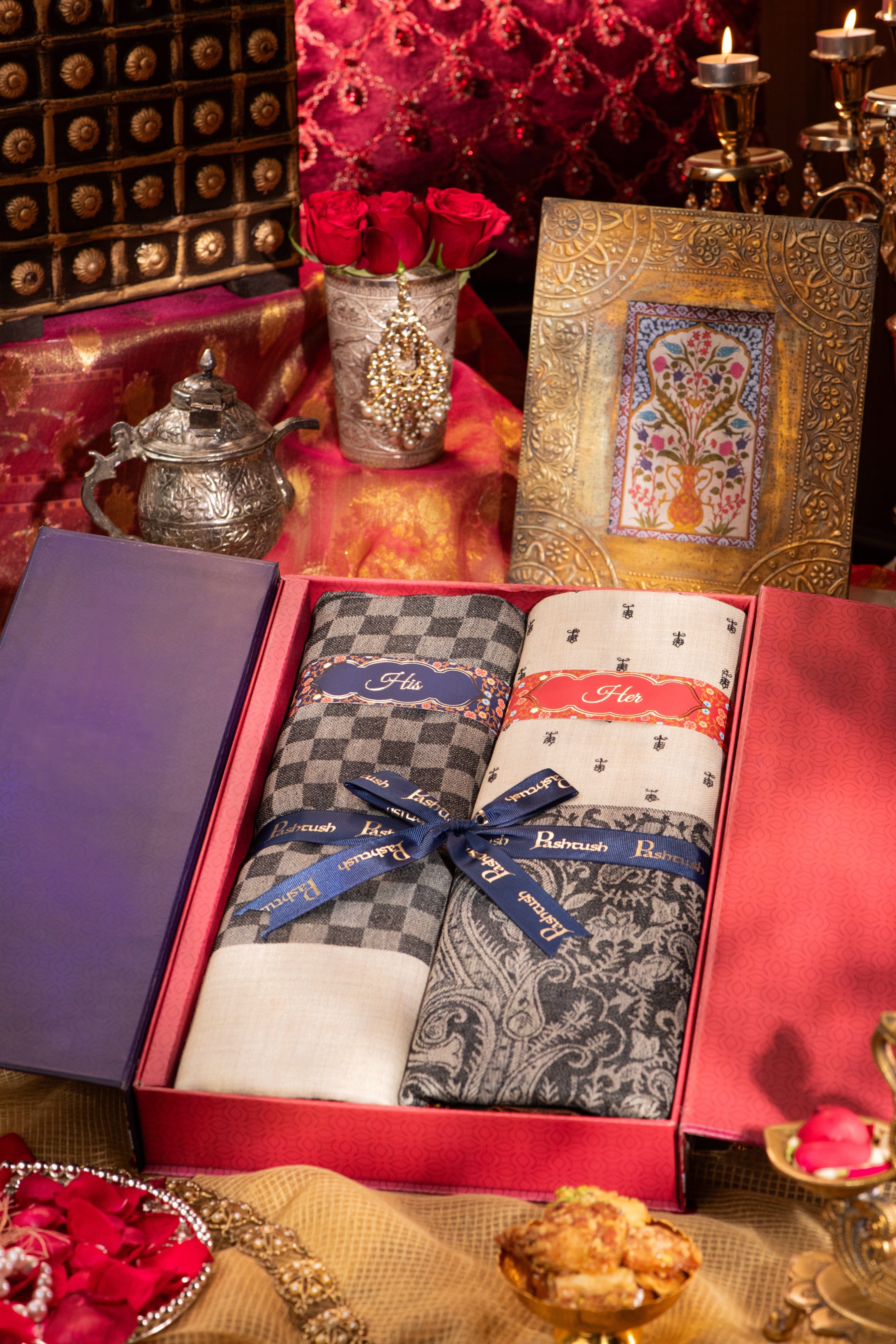 Pashtush His And Her Gift Set Of Checkered Stole And Embroidery Shawl With Premium Gift Box Packaging, Black and Beige