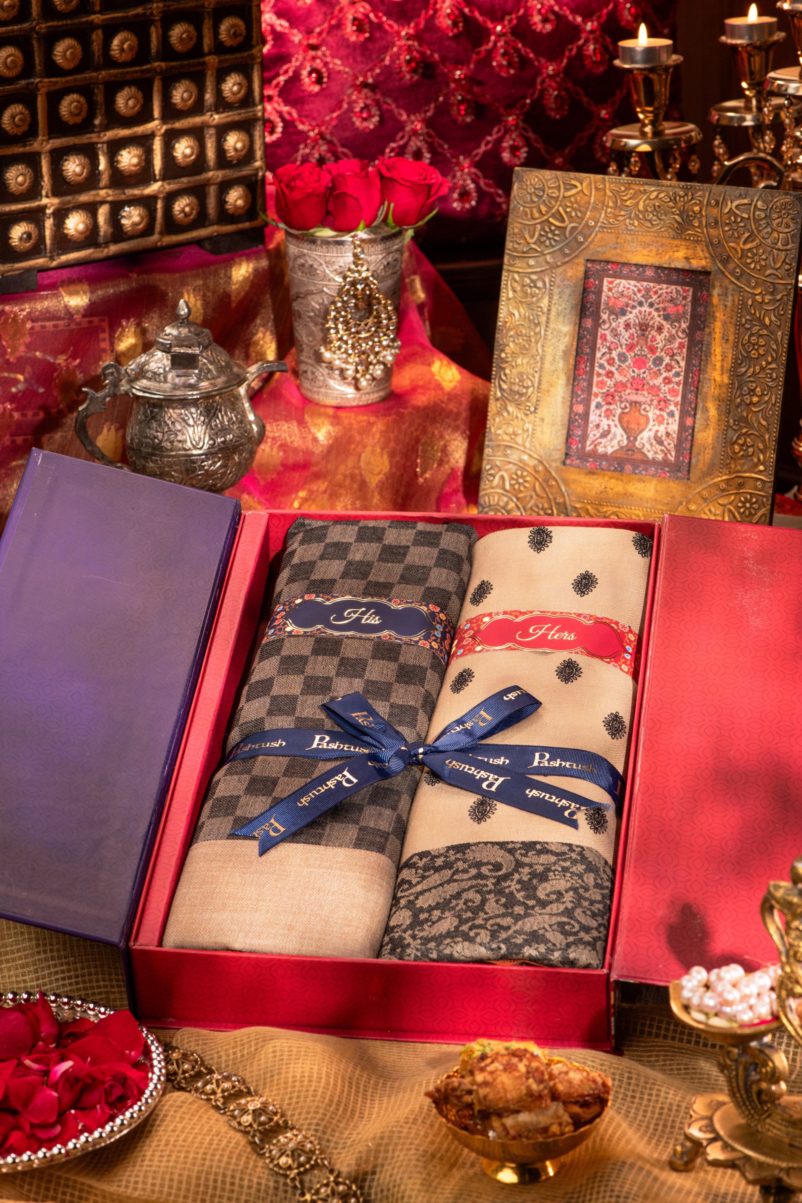 Pashtush His And Her Gift Set Of Checkered Stole And Embroidery Shawl With Premium Gift Box Packaging, Black and Beige