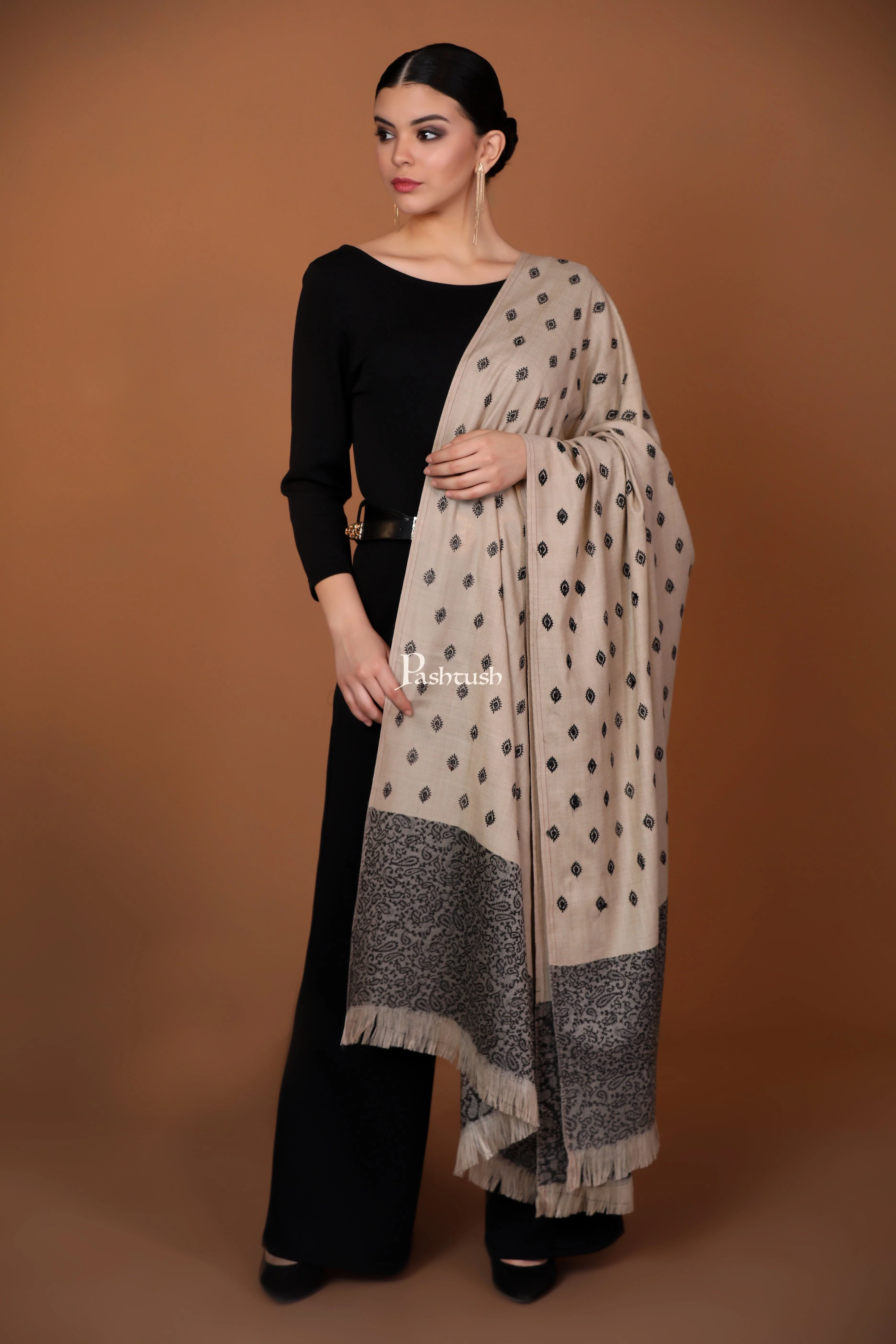 Pashtush His And Her Gift Set Of Checkered Stole And Embroidery Shawl With Premium Gift Box Packaging, Black and Beige - Image 10