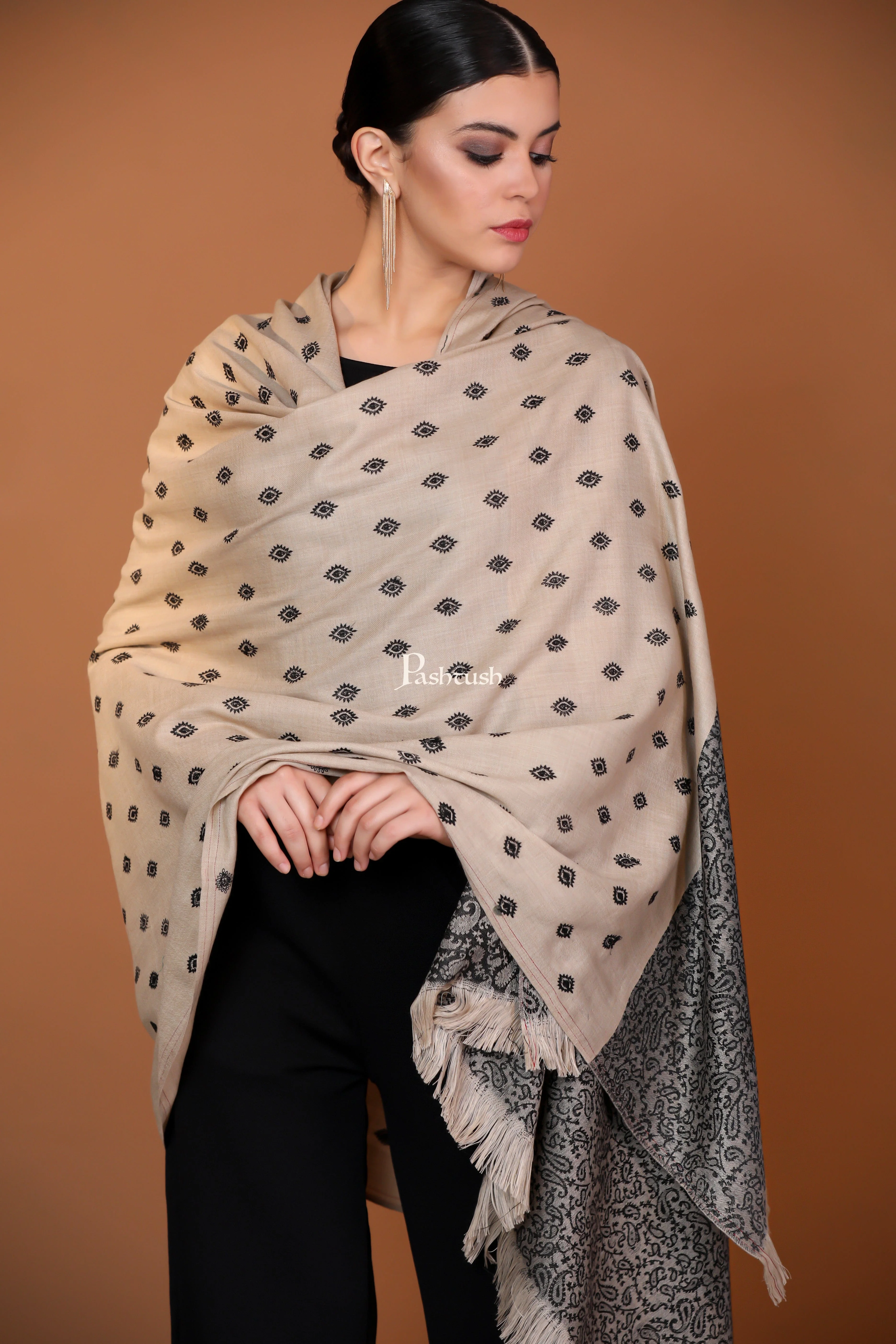 Pashtush His And Her Gift Set Of Checkered Stole And Embroidery Shawl With Premium Gift Box Packaging, Black and Beige - Image 11