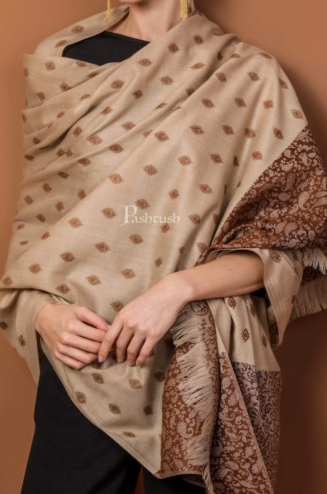 Pashtush His And Her Gift Set Of Checkered Stole And Embroidery Shawl With Premium Gift Box Packaging, Rich Coffee and Beige - Image 7