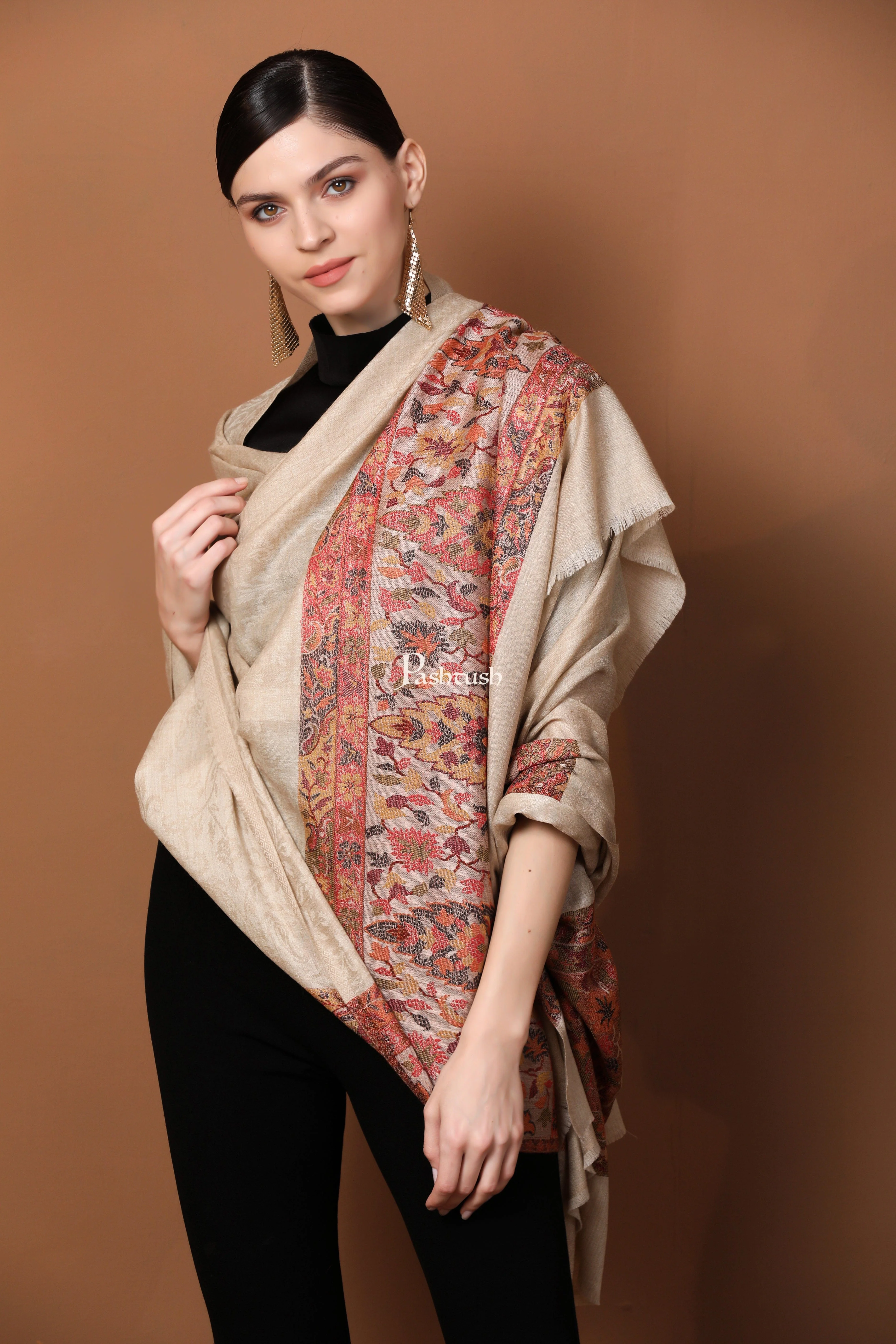 Pashtush His And Her Gift Set Of Extra Fine Wool Stole and Shawl With Premium Gift Box Packaging, Beige - Image 11