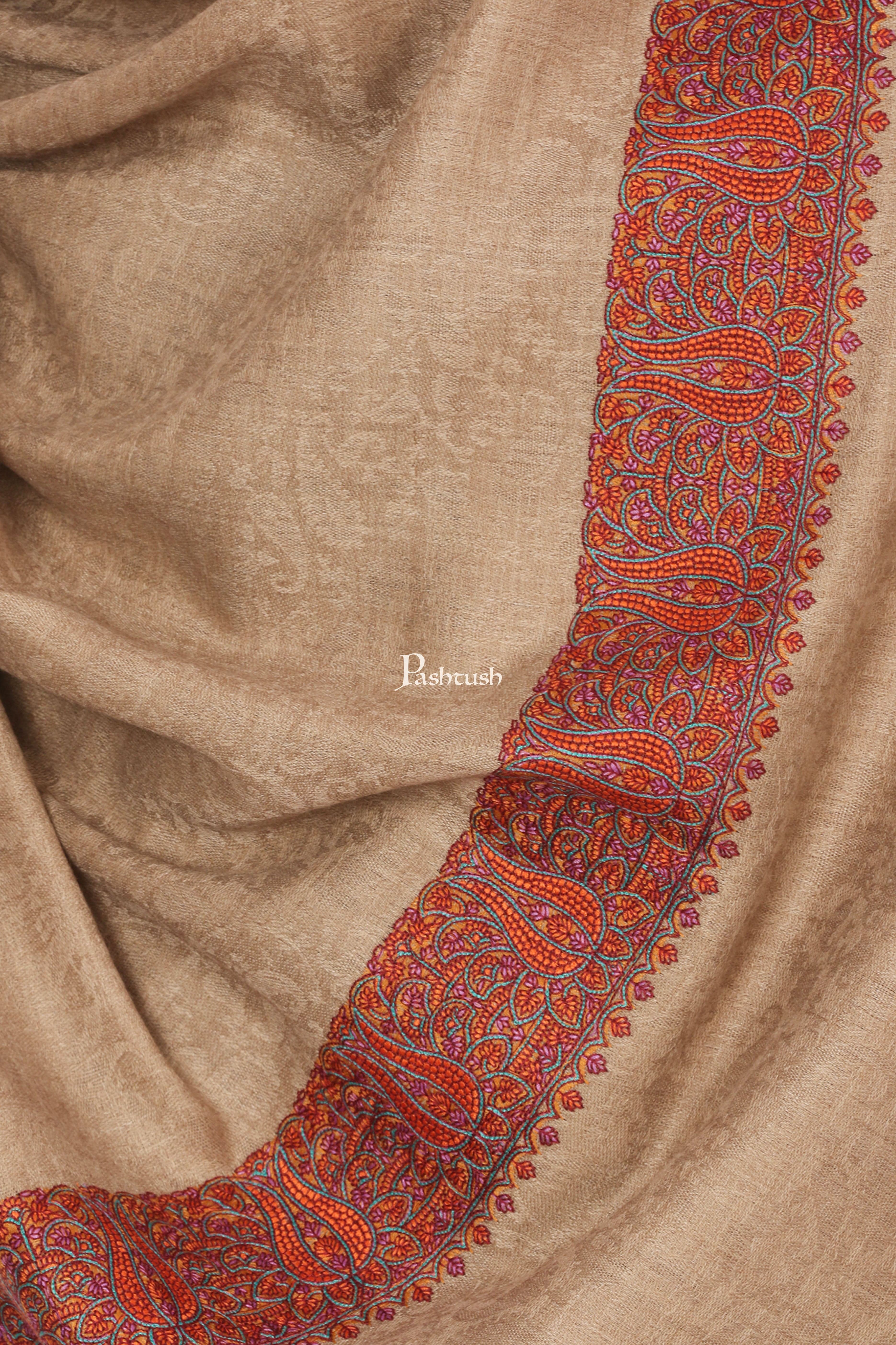 Pashtush His And Her Gift Set Of Fine Wool Daur Embroidery Shawl With Wooden Chester Box, Taupe and Red - Image 4