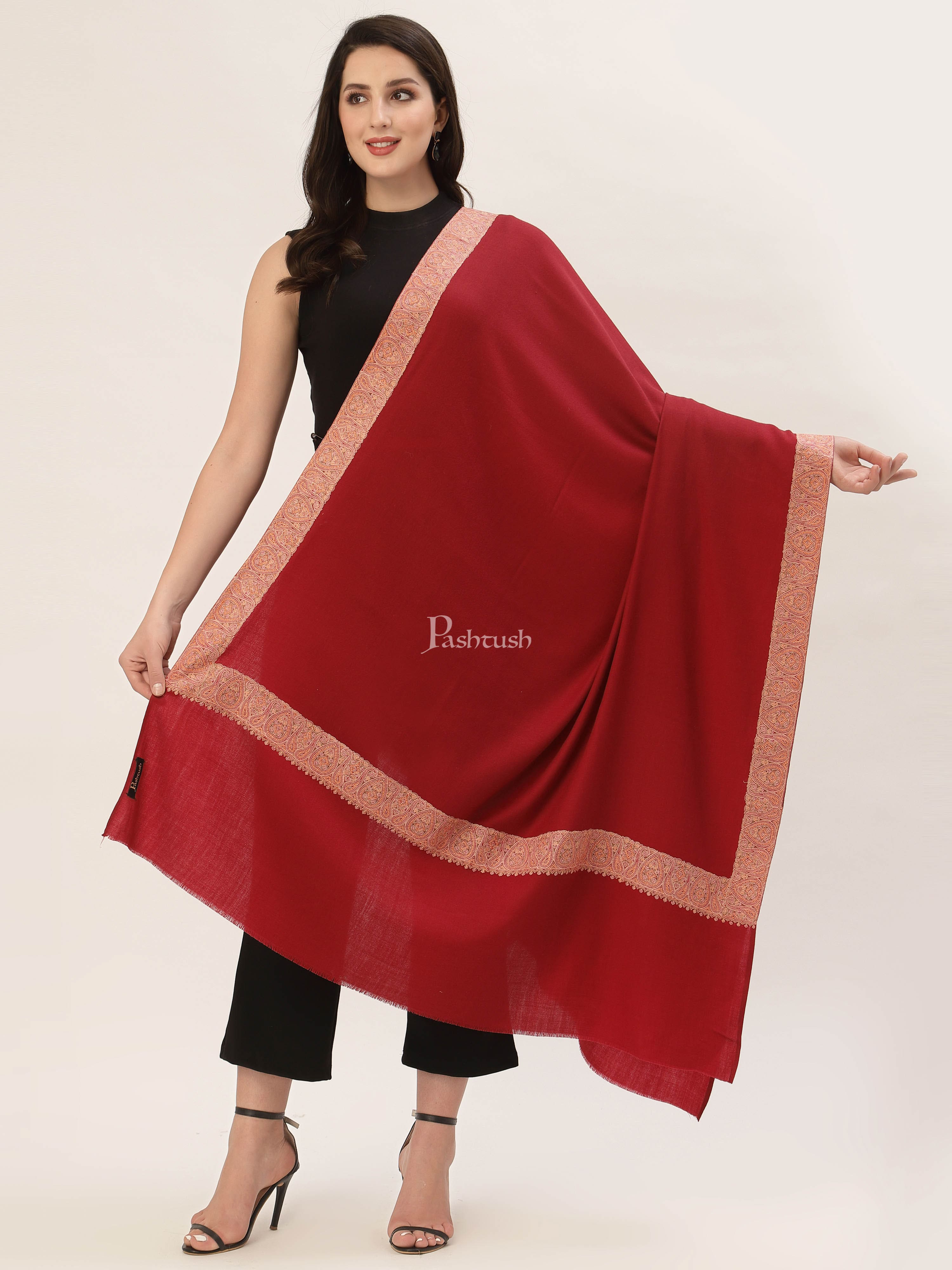 Pashtush His And Her Gift Set Of Fine Wool Daur Embroidery Shawl With Wooden Chester Box, Taupe and Red - Image 8