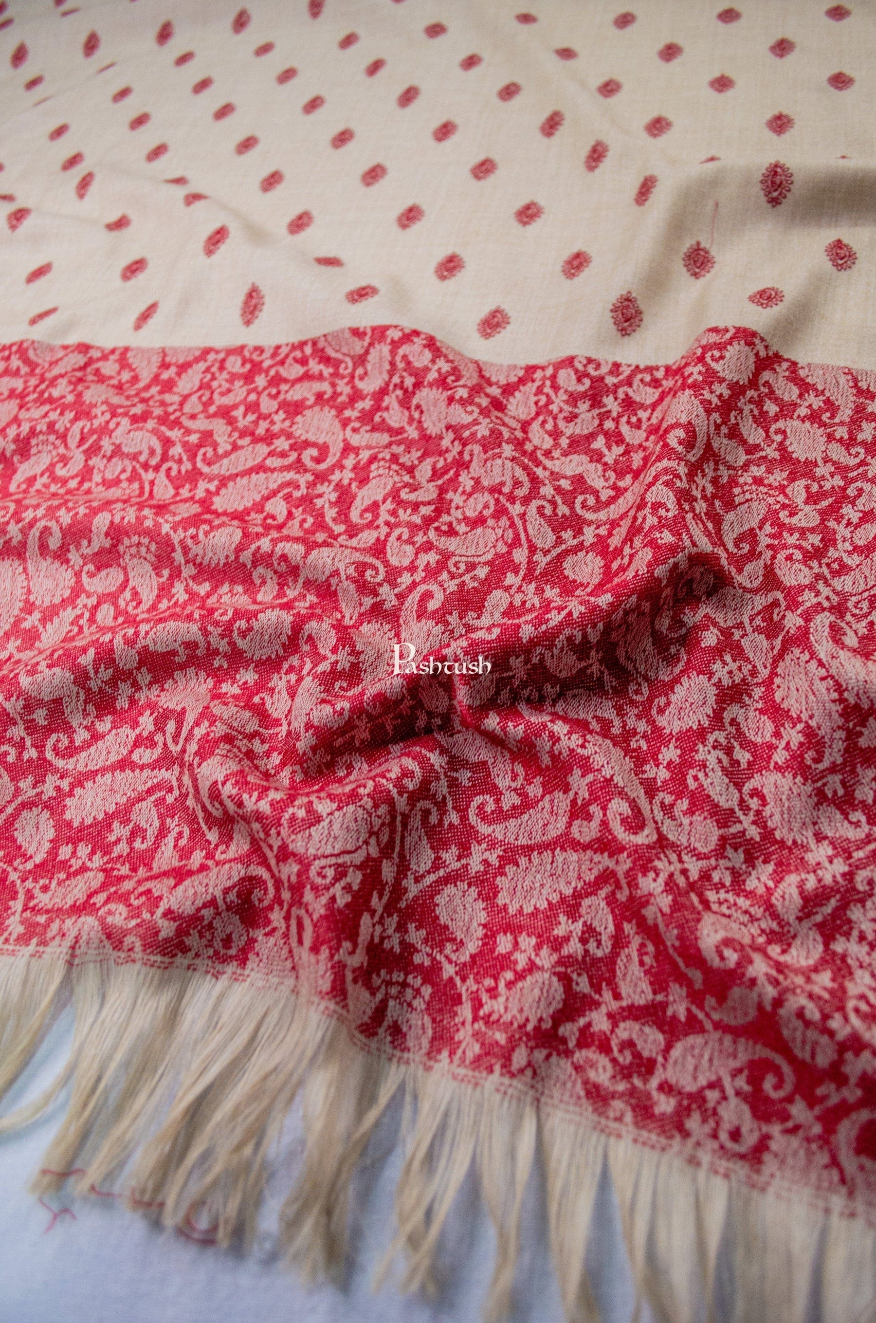 Pashtush His And Her Gift Set Of Fine Wool Embroidery Stole and Checkerd Stole With Premium Gift Box Packaging, Beige and Red - Image 3