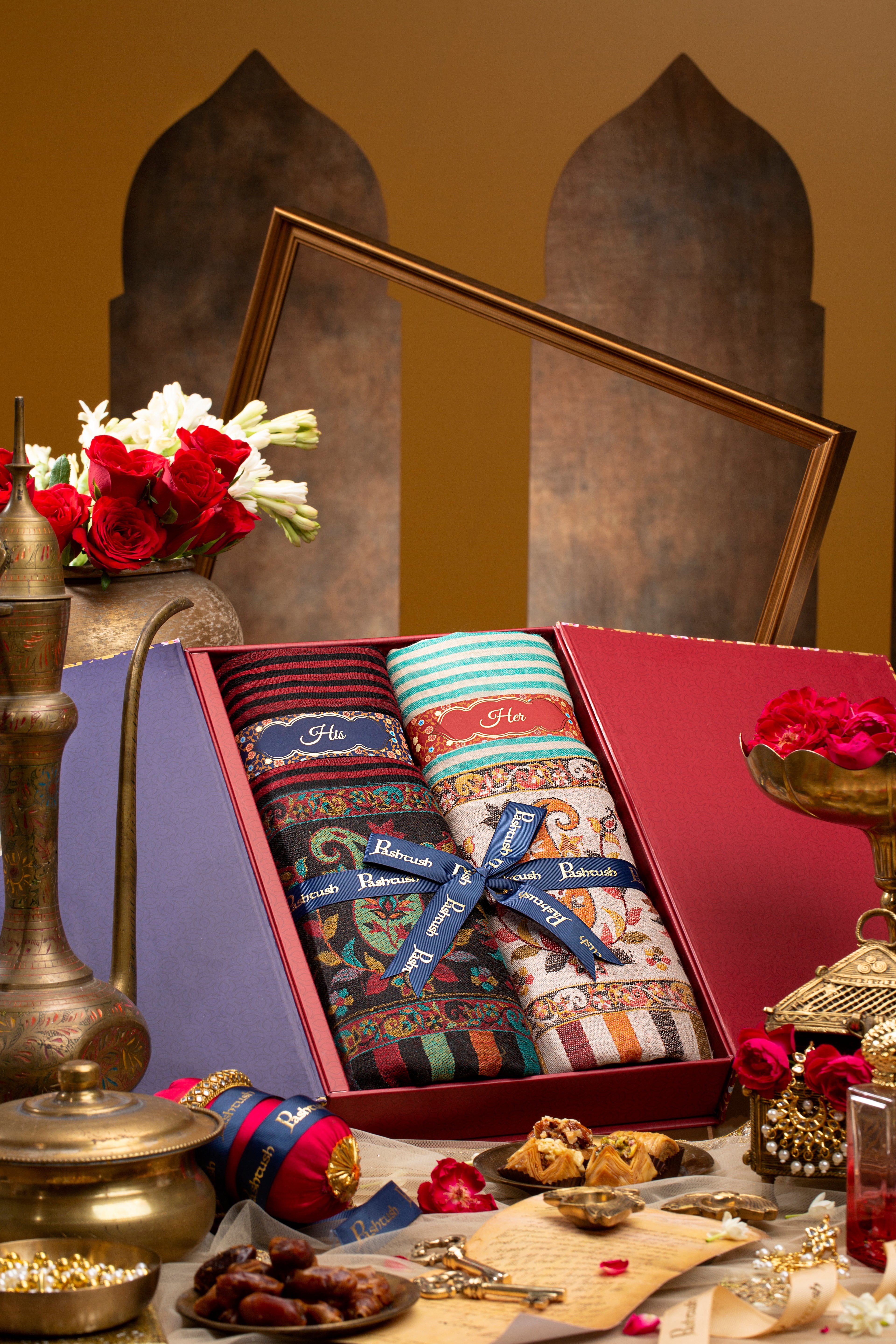 Pashtush His and Her Gift Set of Fine Wool Mens Stole and Womens Shawl with Woven Palla Design