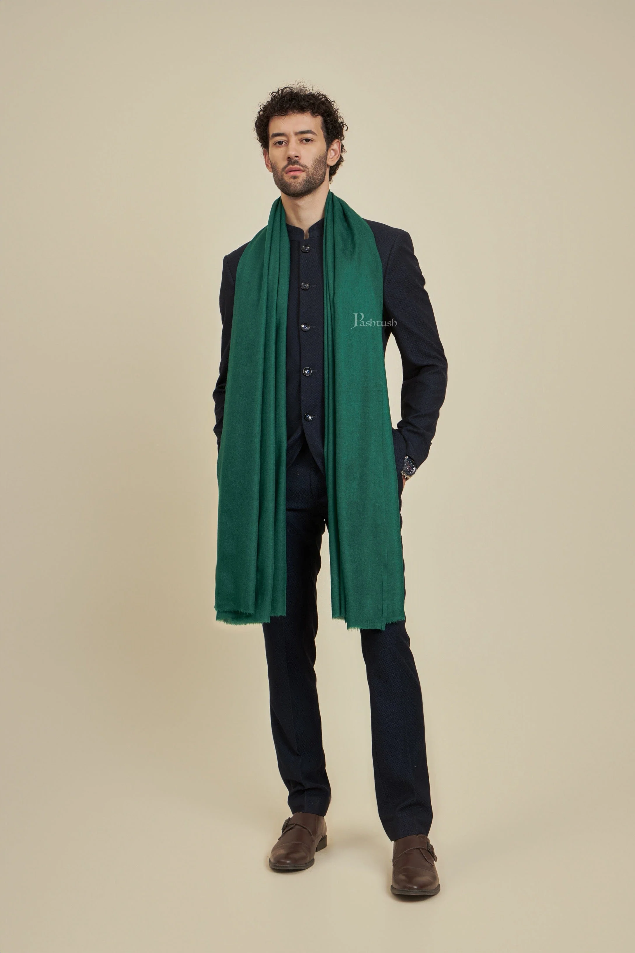 Pashtush His and Her Gift Set of Fine Wool Mens Stole with Womens Soft Printed Bamboo Shikaardar Stole, Bottle Green and Multicolour - Image 3