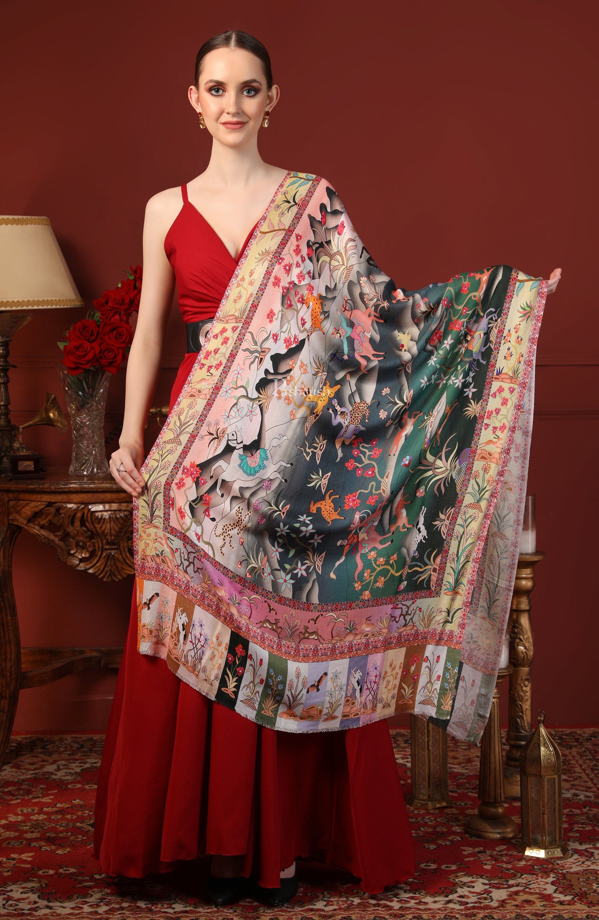 Pashtush His and Her Gift Set of Fine Wool Mens Stole with Womens Soft Printed Bamboo Shikaardar Stole, Bottle Green and Multicolour - Image 9