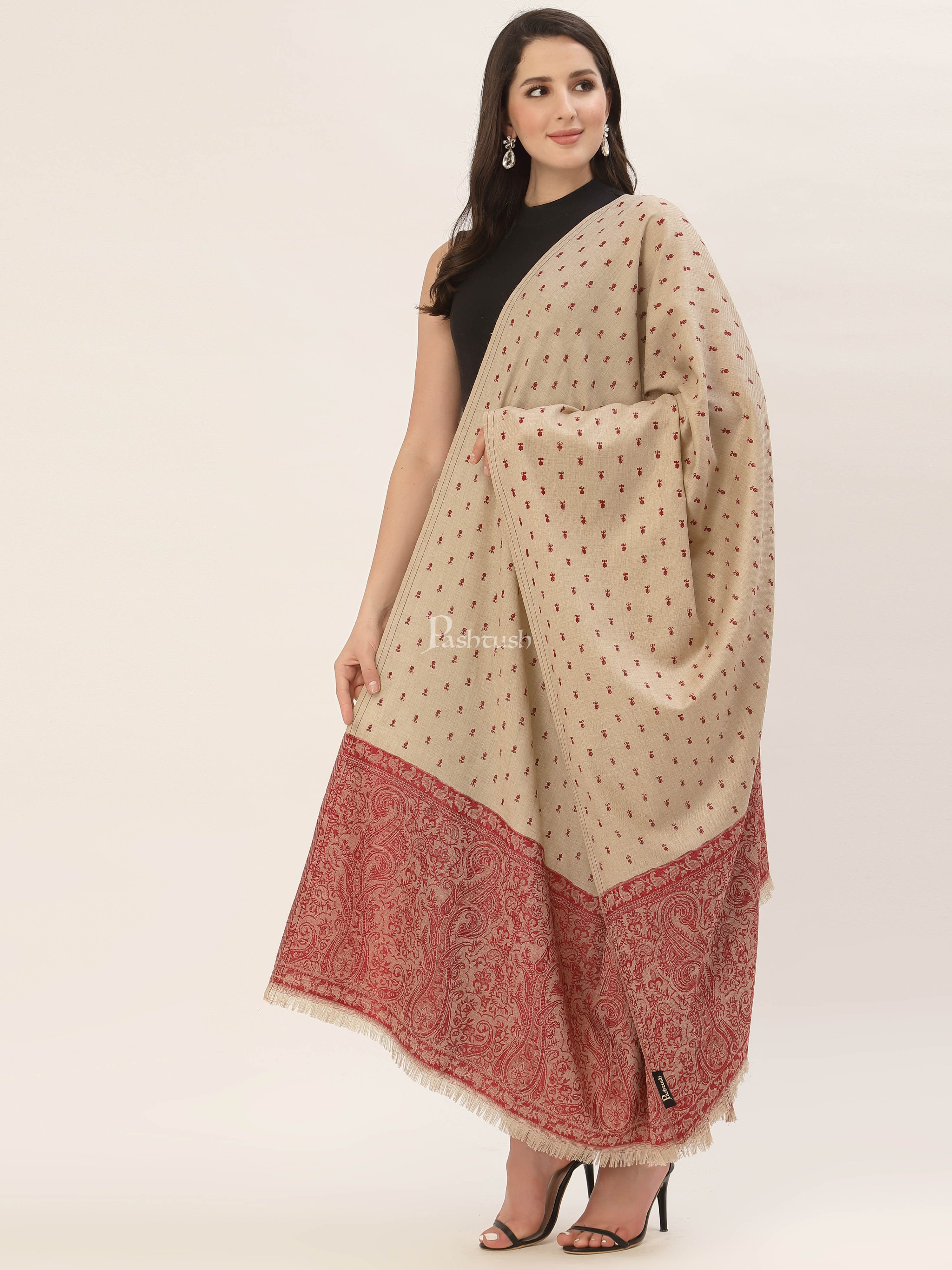 Pashtush His And Her Gift Set Of Fine Wool Paisley Stole And Embroidery Shawl With Premium Gift Box Packaging, Maroon and Beige - Image 11