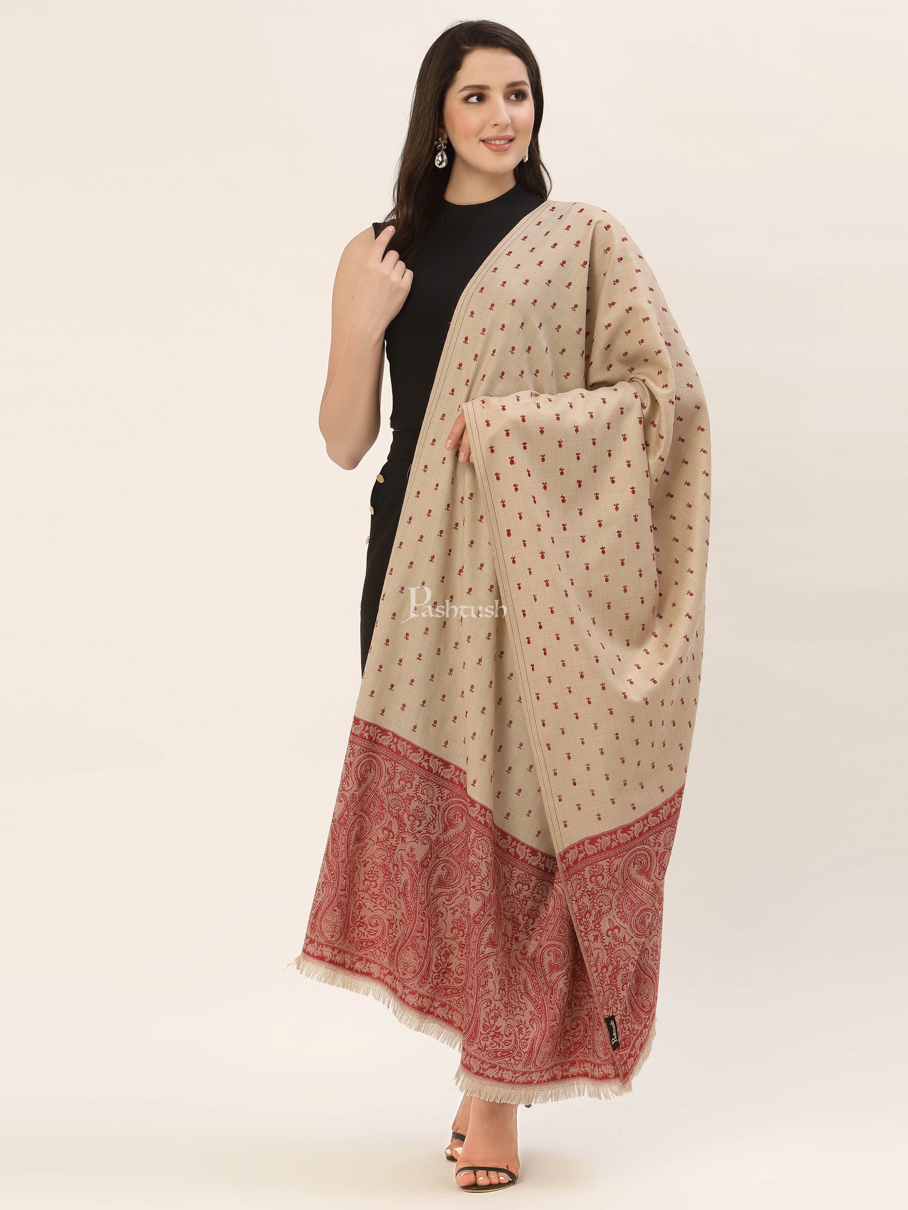 Pashtush His And Her Gift Set Of Fine Wool Paisley Stole And Embroidery Shawl With Premium Gift Box Packaging, Maroon and Beige - Image 12