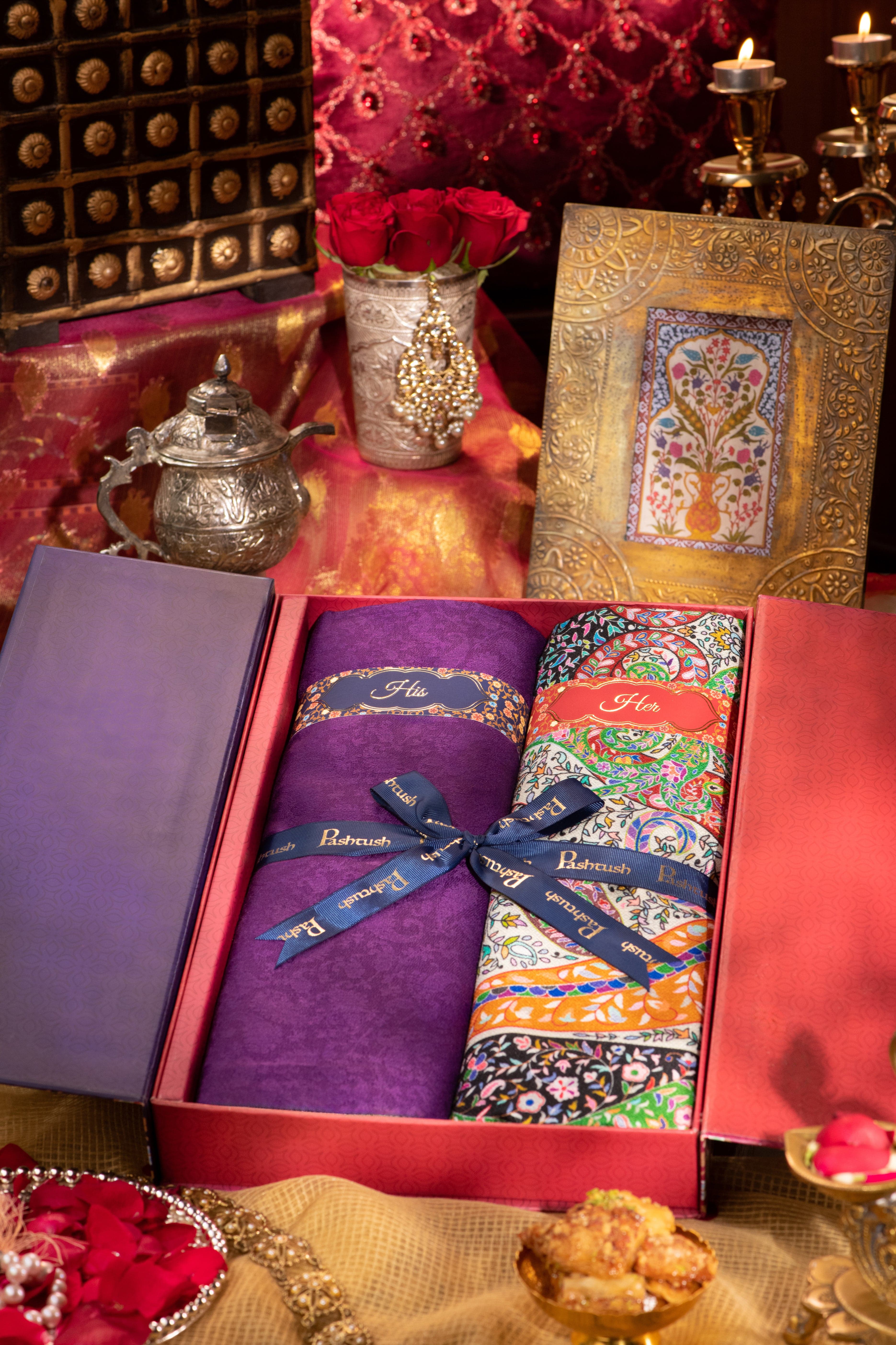 Pashtush His And Her Gift Set Of Fine Wool Self Stole and Bamboo Stole With Premium Gift Box Packaging, Purple and Multicolour