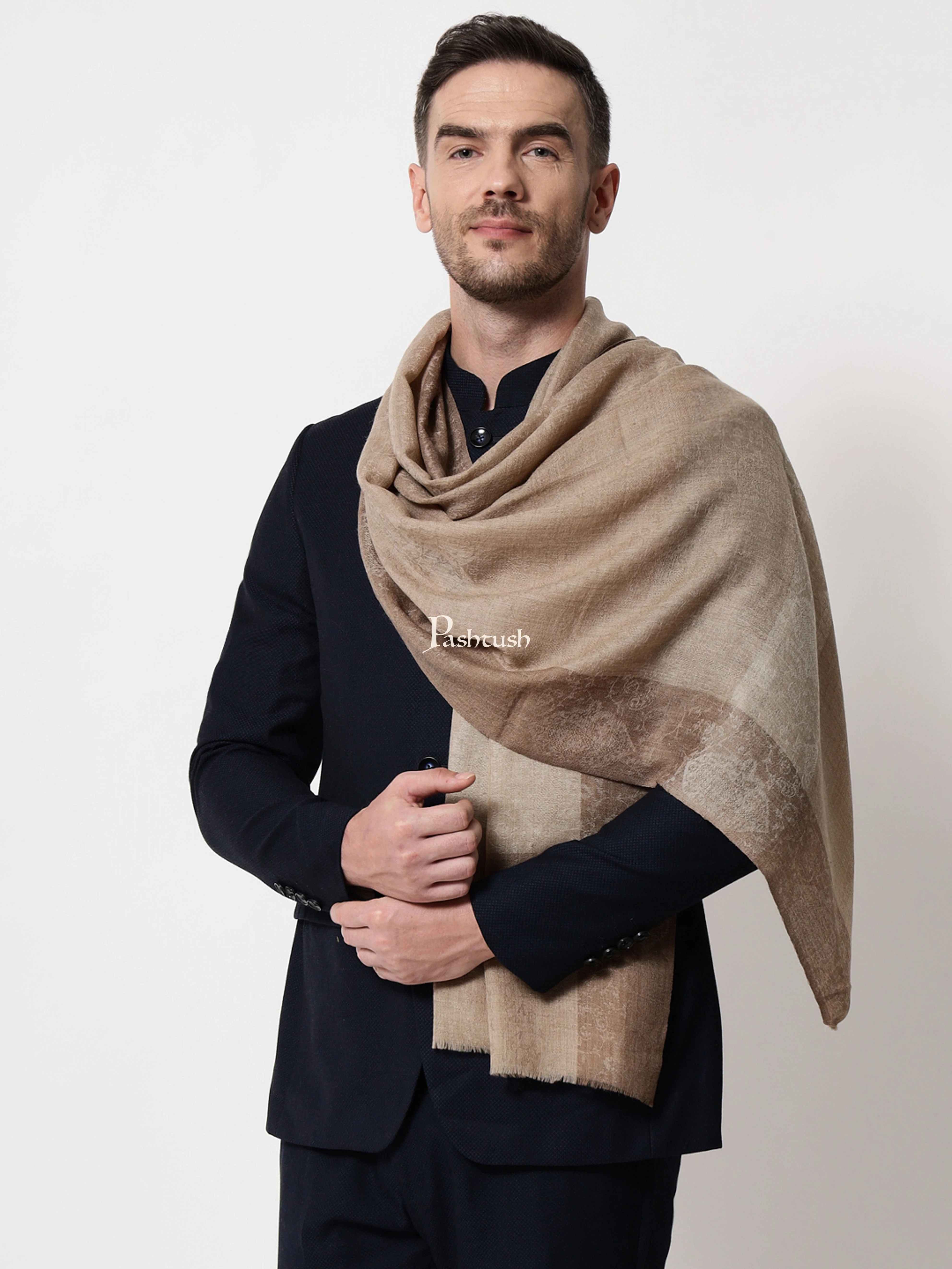 Pashtush His And Her Gift Set Of Fine Wool Stole And Bamboo Woven Ethnic Stole With Premium Gift Box Packaging, Beige and Multicolour - Image 3