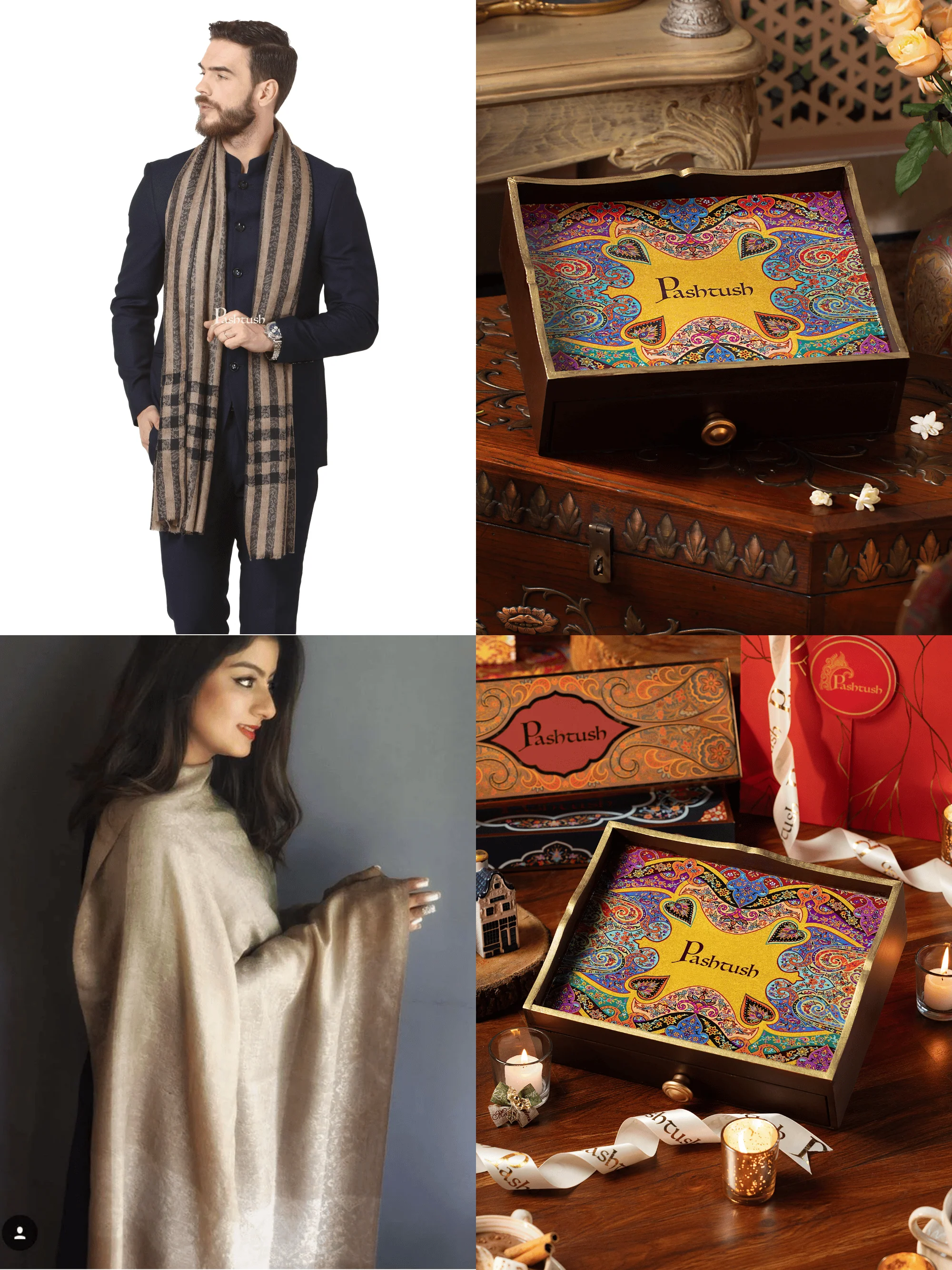 Pashtush His and Her Gift Set of Fine Wool Stoles, Beige and Black, Packaged in Keepsake Wooden Chester Gift Box