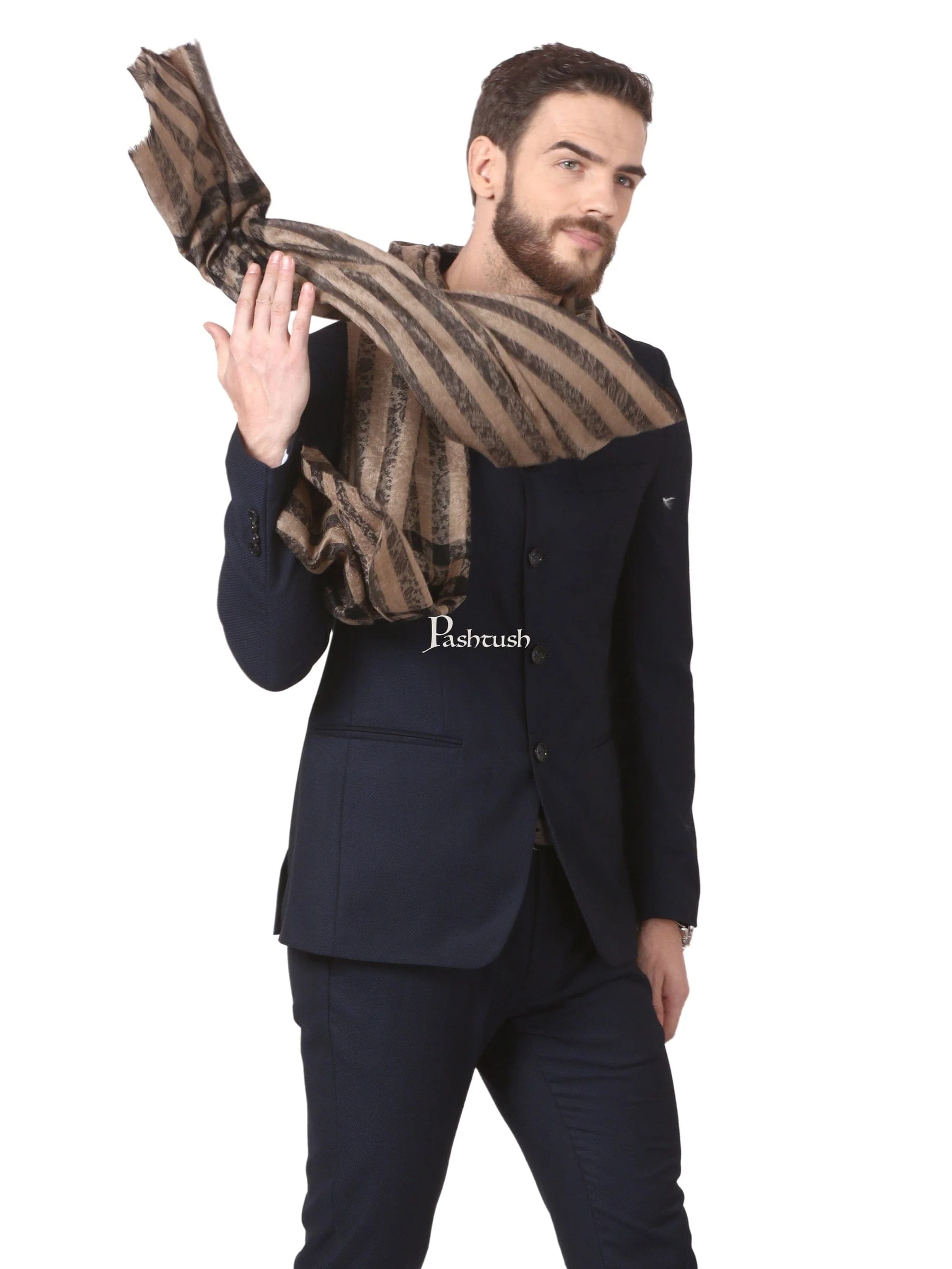 Pashtush His and Her Gift Set of Fine Wool Stoles, Beige and Black, Packaged in Keepsake Wooden Chester Gift Box - Image 4