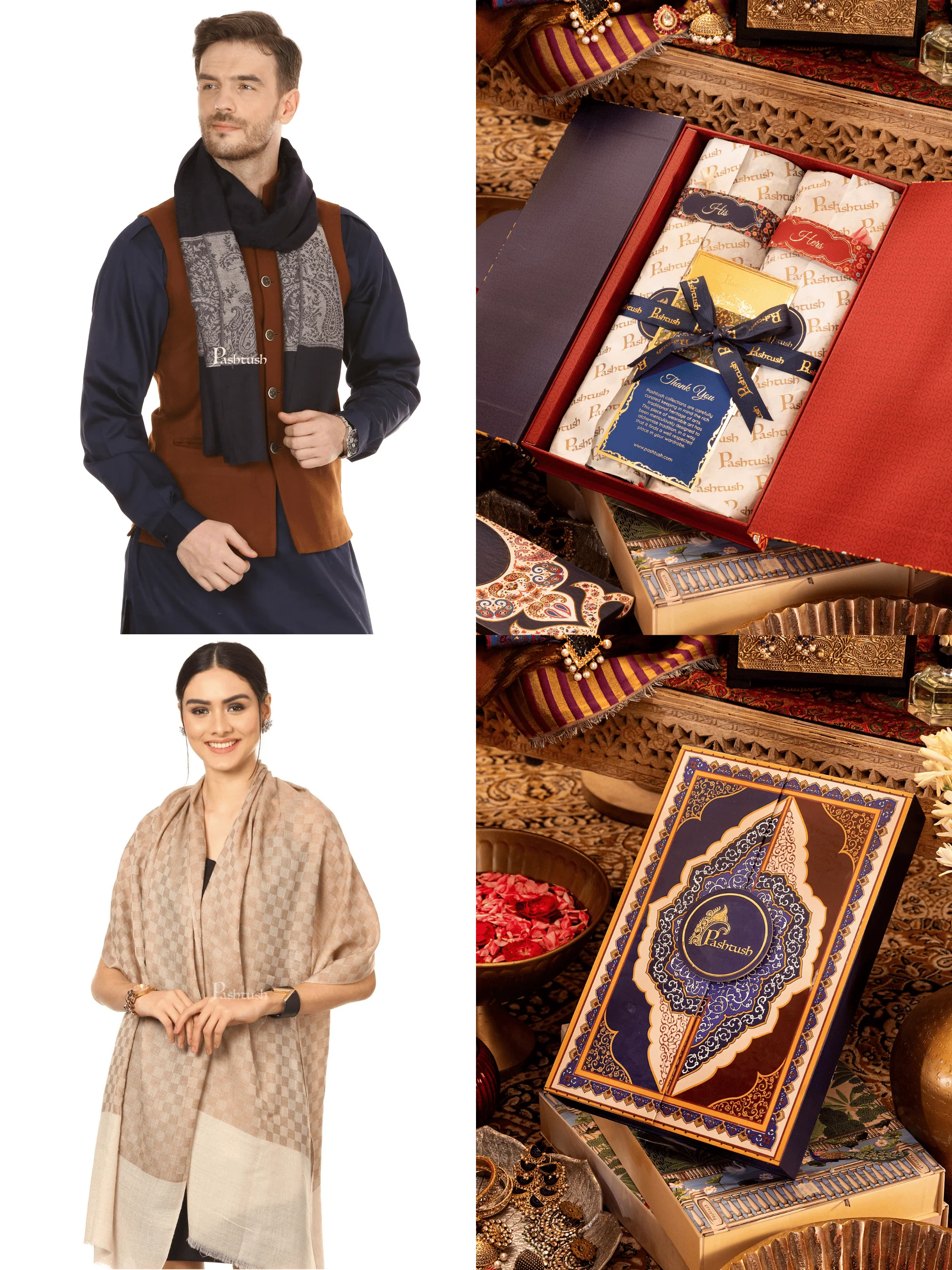 Pashtush His And Her Gift Set of Fine Wool Stoles, Premium Gift Box Packaging, Black and Beige