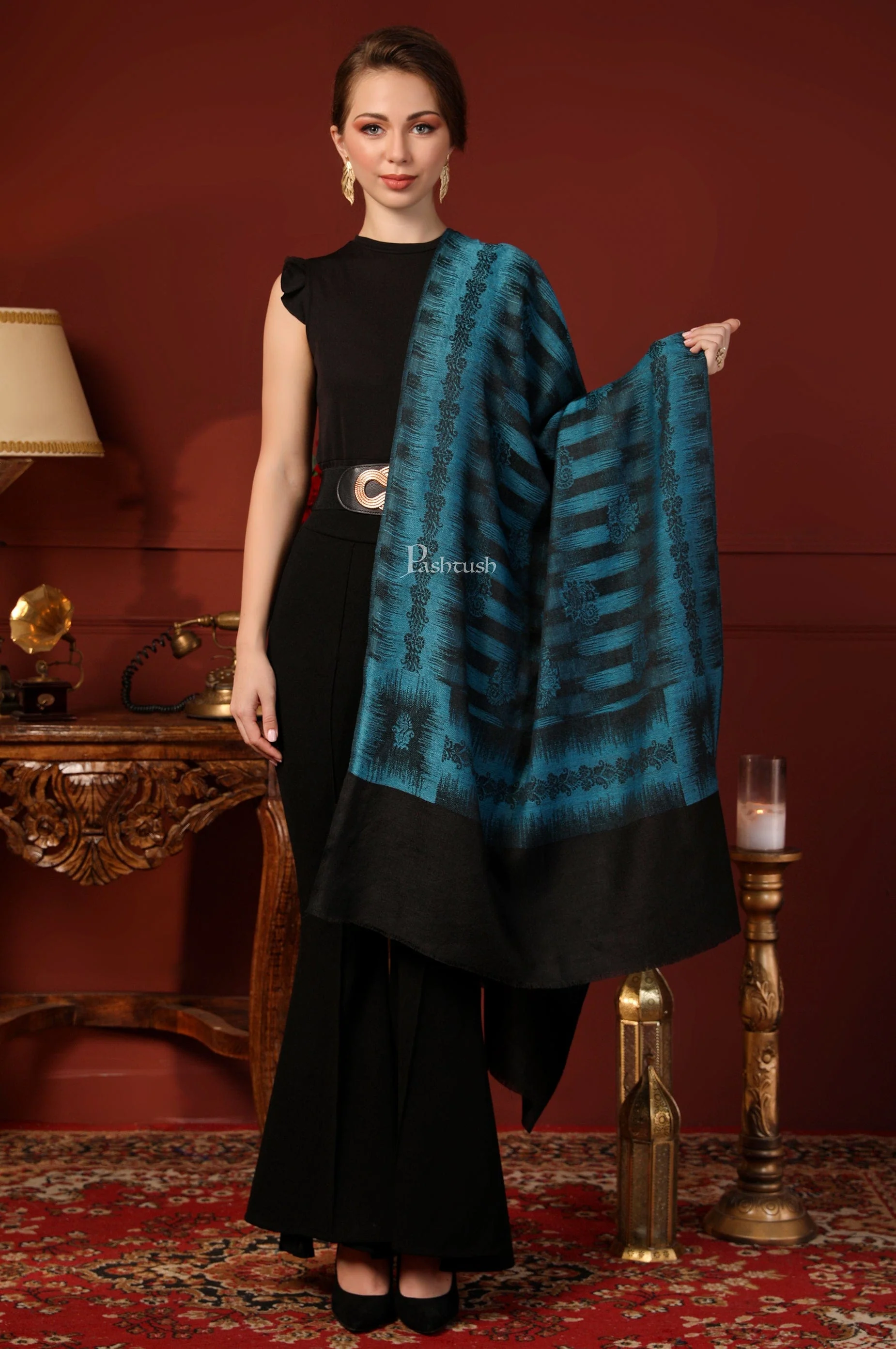 Pashtush His And Her Gift Set Of Ikkat Design Stoles With Premium Gift Box Packaging, Maroon and Pacific Blue - Image 9