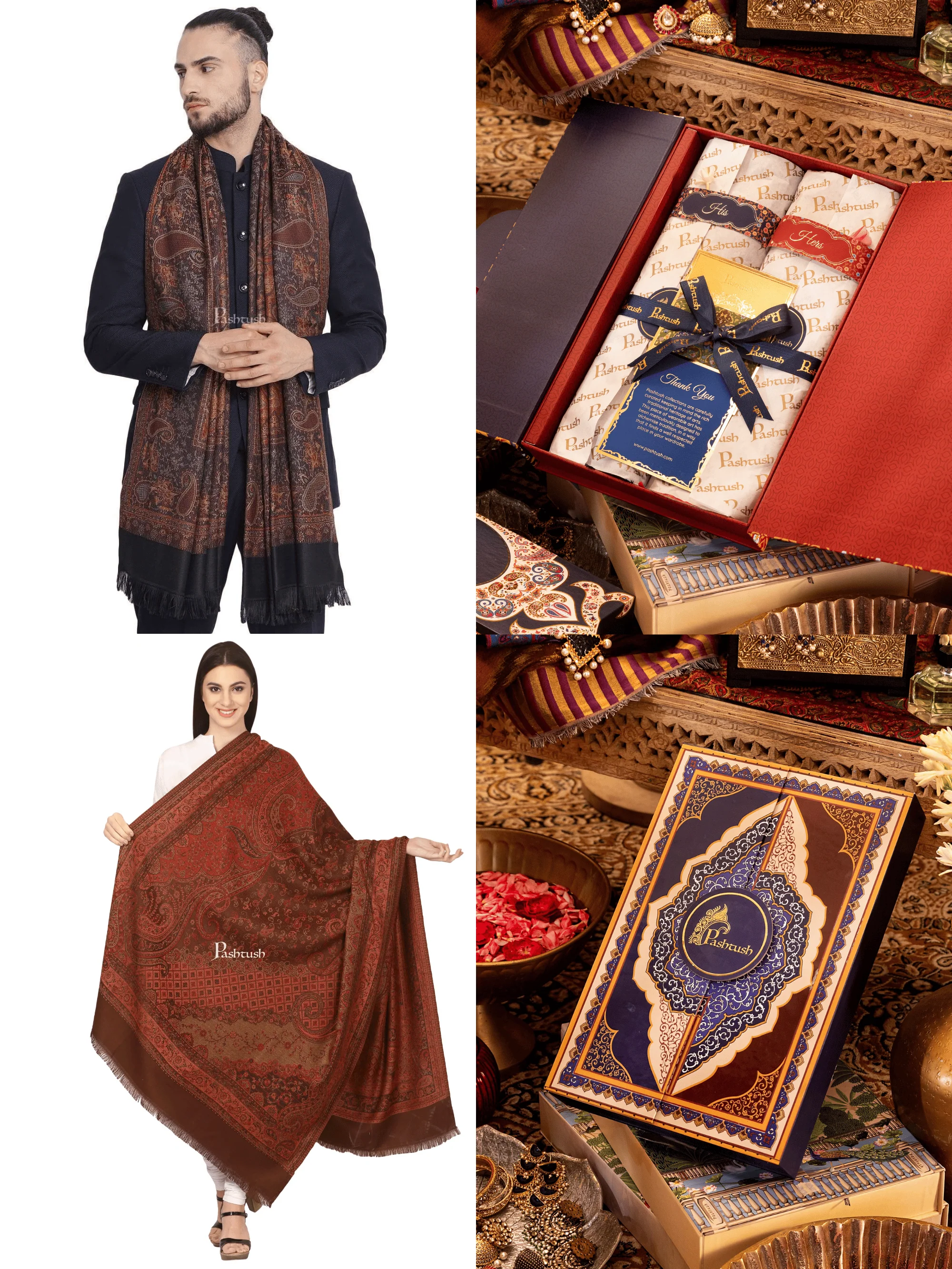 Pashtush His And Her Gift Set of Jamawar Mens Stole and Womens Shawl, Premium Gift Box Packaging, Black and Coffee