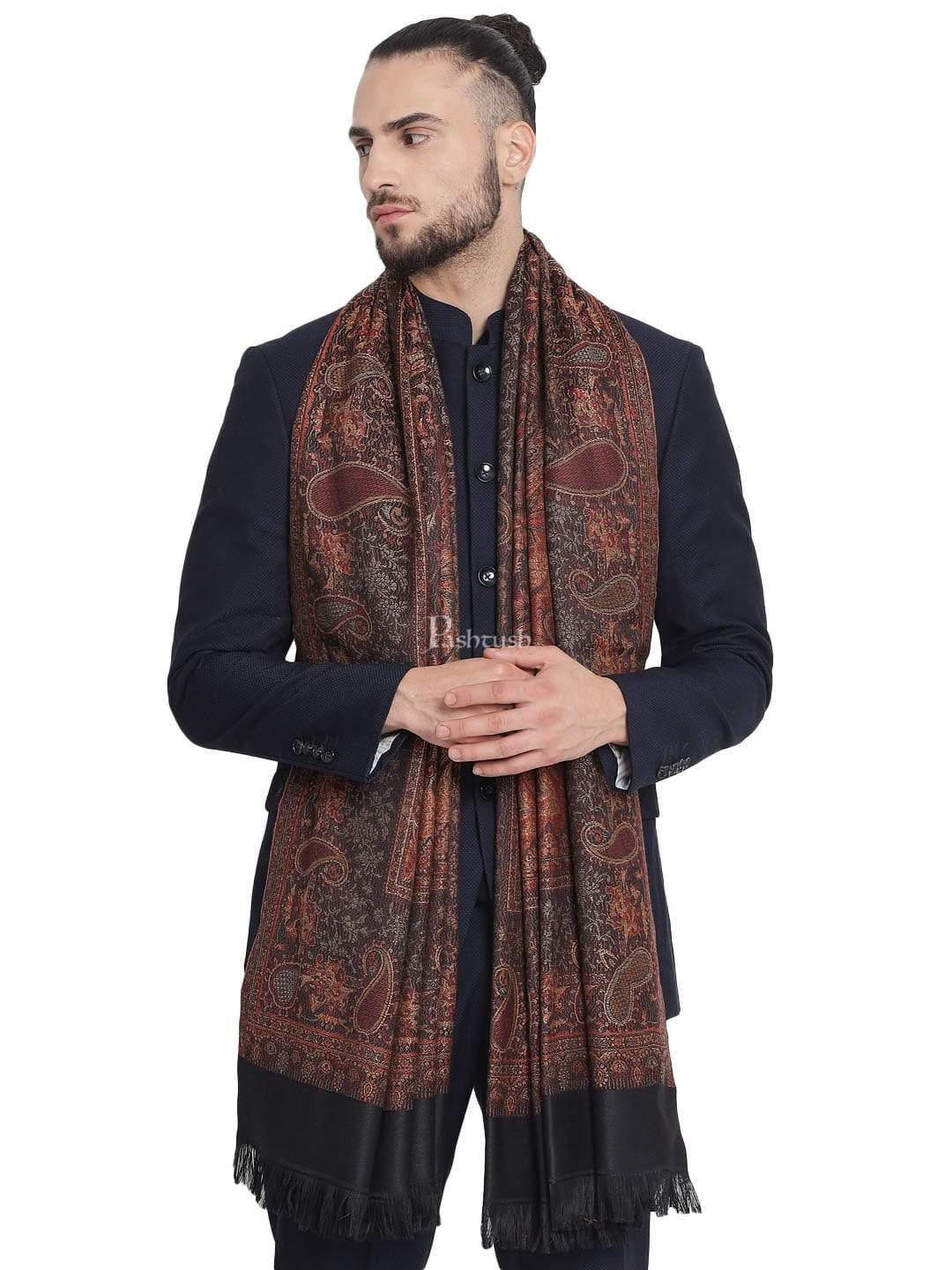 Pashtush His And Her Gift Set of Jamawar Mens Stole and Womens Shawl, Premium Gift Box Packaging, Black and Coffee - Image 2