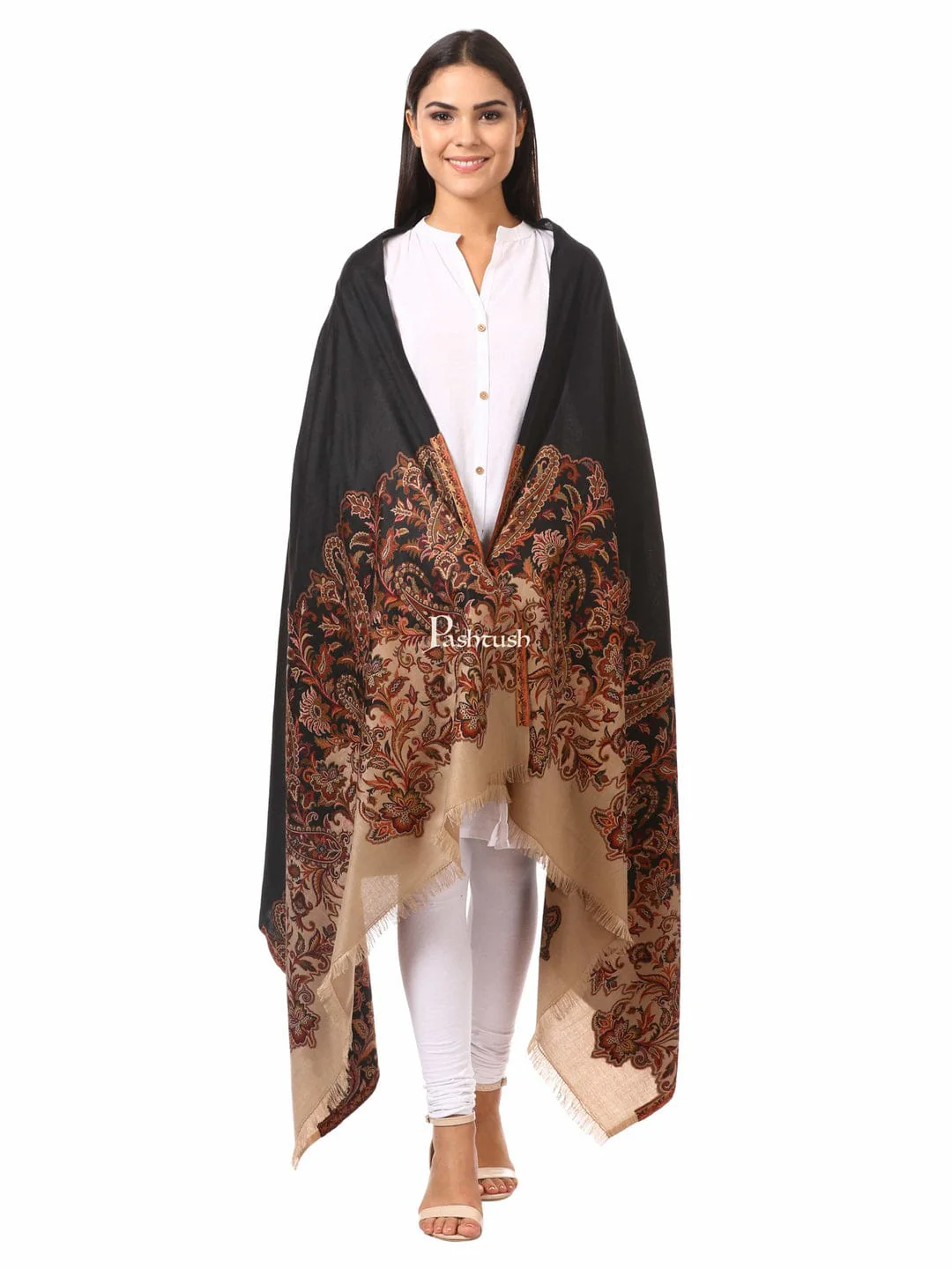 Pashtush His And Her Gift Set of Mens 100% Pure Wool Lohi and Womens Jacquard Palla Shawl, Premium Gift Box Packaging, Beige and Black - Image 7
