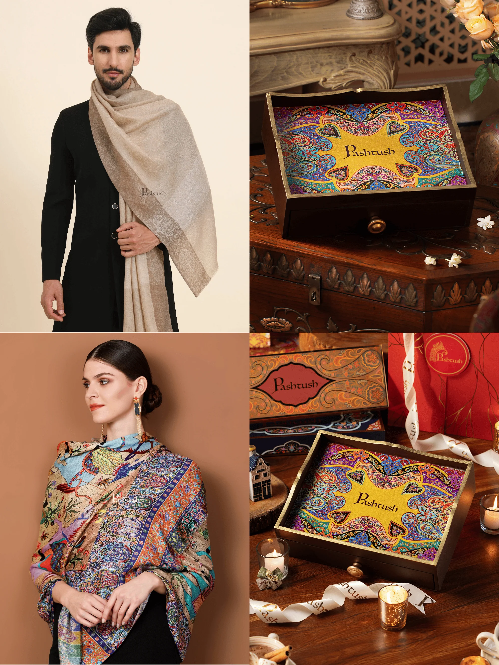 Pashtush His and Her Gift Set of Mens Extra Fine Wool Stole and Womens Bamboo Stole, Beige and Multicoloured, Packaged in Keepsake Wooden Chester Gift Box