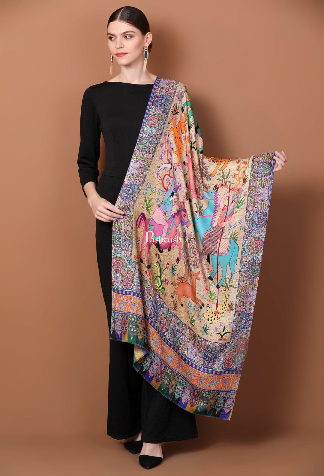 Pashtush His and Her Gift Set of Mens Fine Wool Stole and Womens Bamboo Stole, Beige and Multicoloured, Packaged in Keepsake Wooden Chester Gift Box - Image 11
