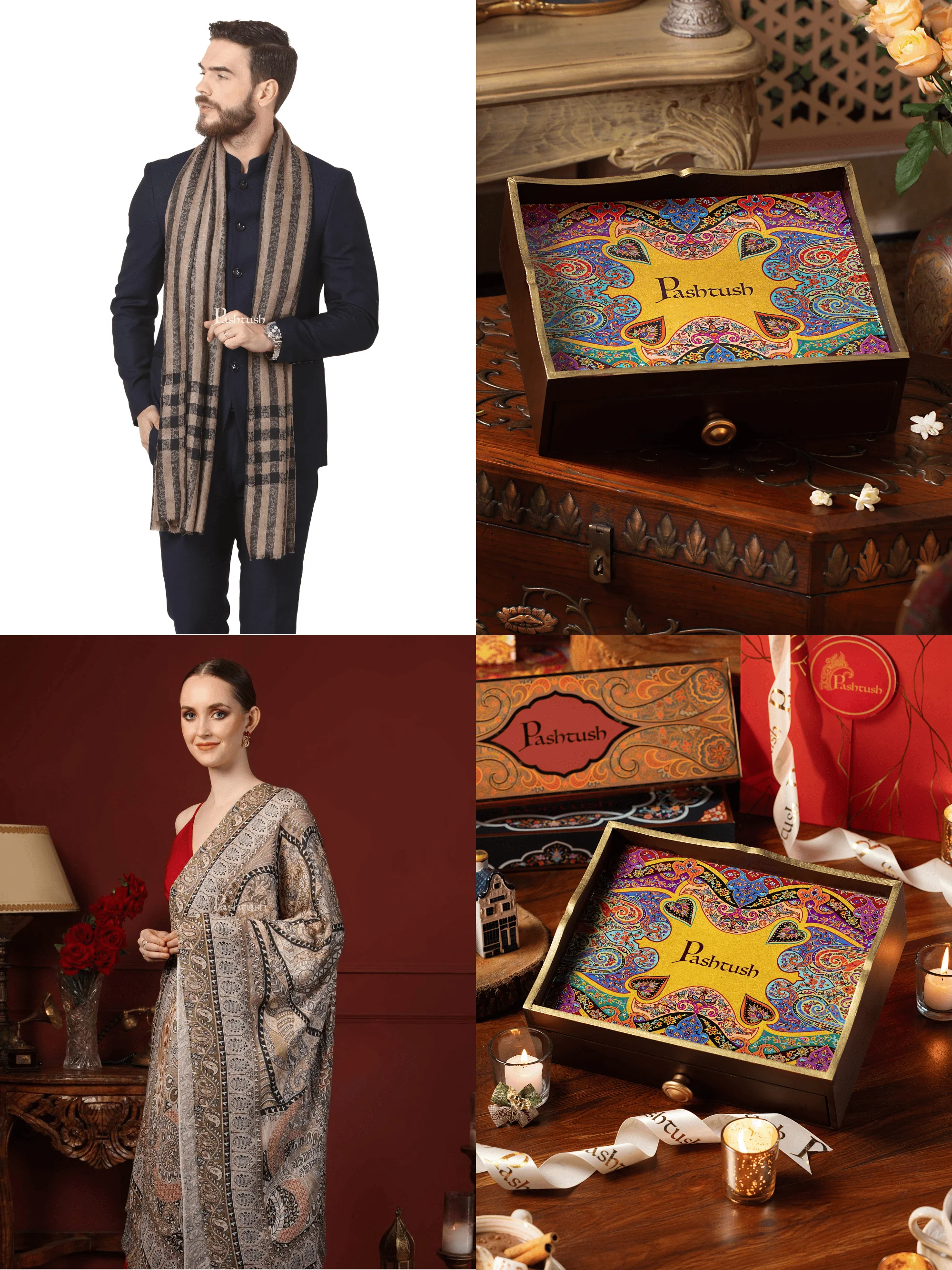 Pashtush His and Her Gift Set of Mens Fine Wool Stole and Womens Bamboo Stole, Black and Multicoloured, Packaged in Keepsake Wooden Chester Gift Box