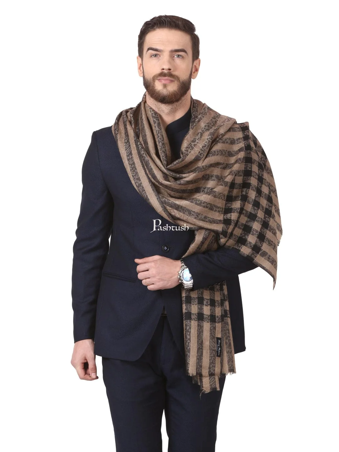 Pashtush His and Her Gift Set of Mens Fine Wool Stole and Womens Bamboo Stole, Black and Multicoloured, Packaged in Keepsake Wooden Chester Gift Box - Image 5