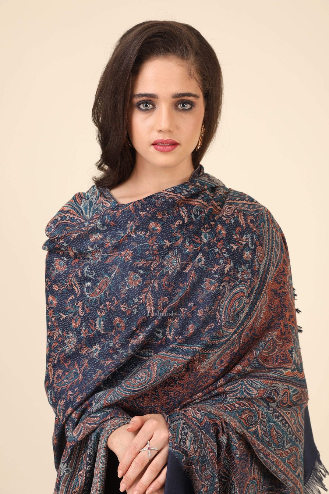 Pashtush His And Her Gift Set of Mens Fine Wool Stole and Womens Jamawar Shawl, Premium Gift Box Packaging, Taupe and Blue - Image 6