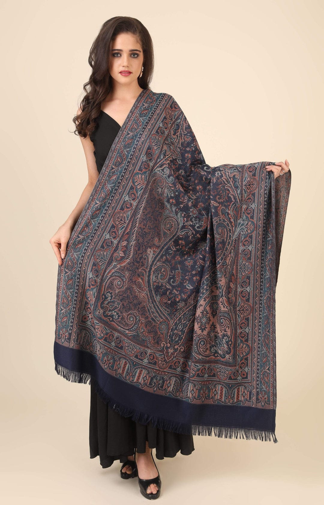 Pashtush His And Her Gift Set of Mens Fine Wool Stole and Womens Jamawar Shawl, Premium Gift Box Packaging, Taupe and Blue - Image 7