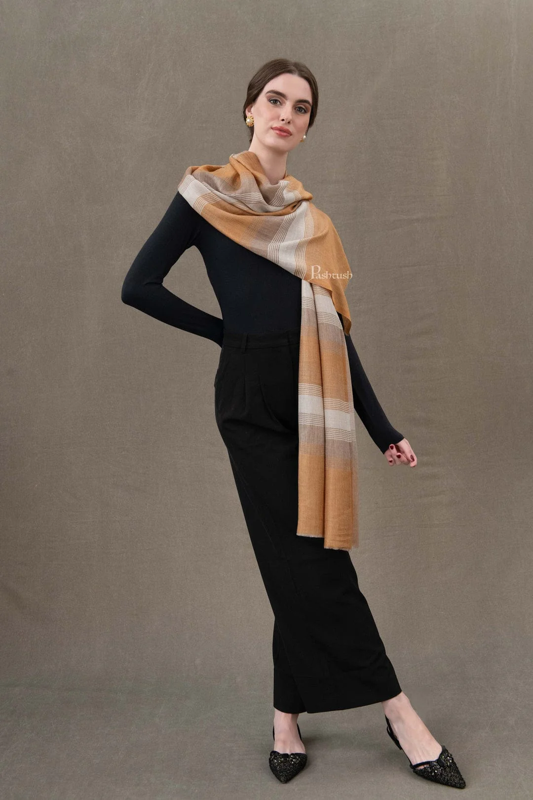 Pashtush His And Her Set Of Mens Fine Wool Shawl and Womens Stole, Premium Gift Box Packaging, Taupe and Marigold - Image 12