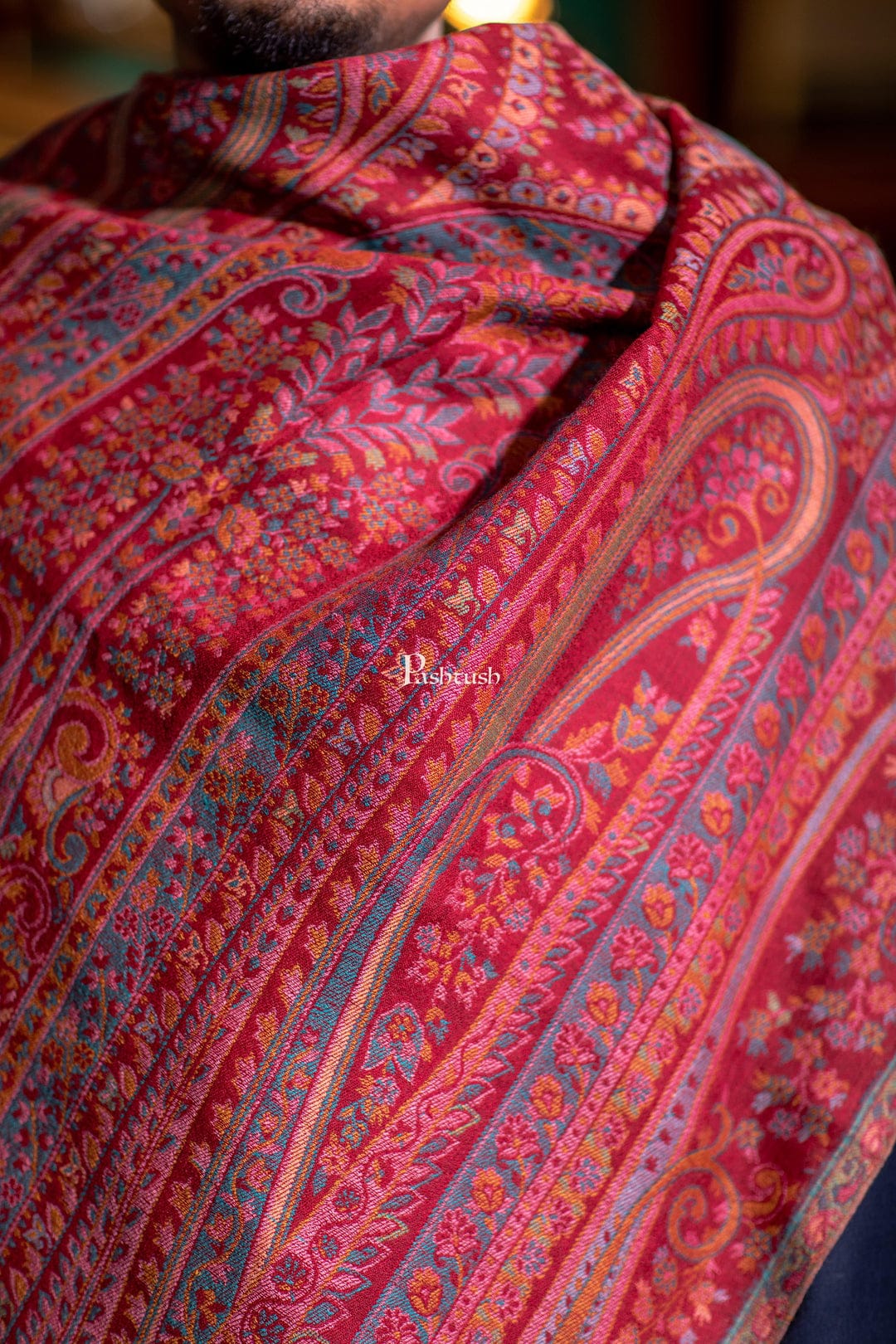 Pashtush His And Her Set Of Mens Fine Wool Stole and Womens Bamboo Stole, Premium Gift Box Packaging, Maroon and Multicolour - Image 4