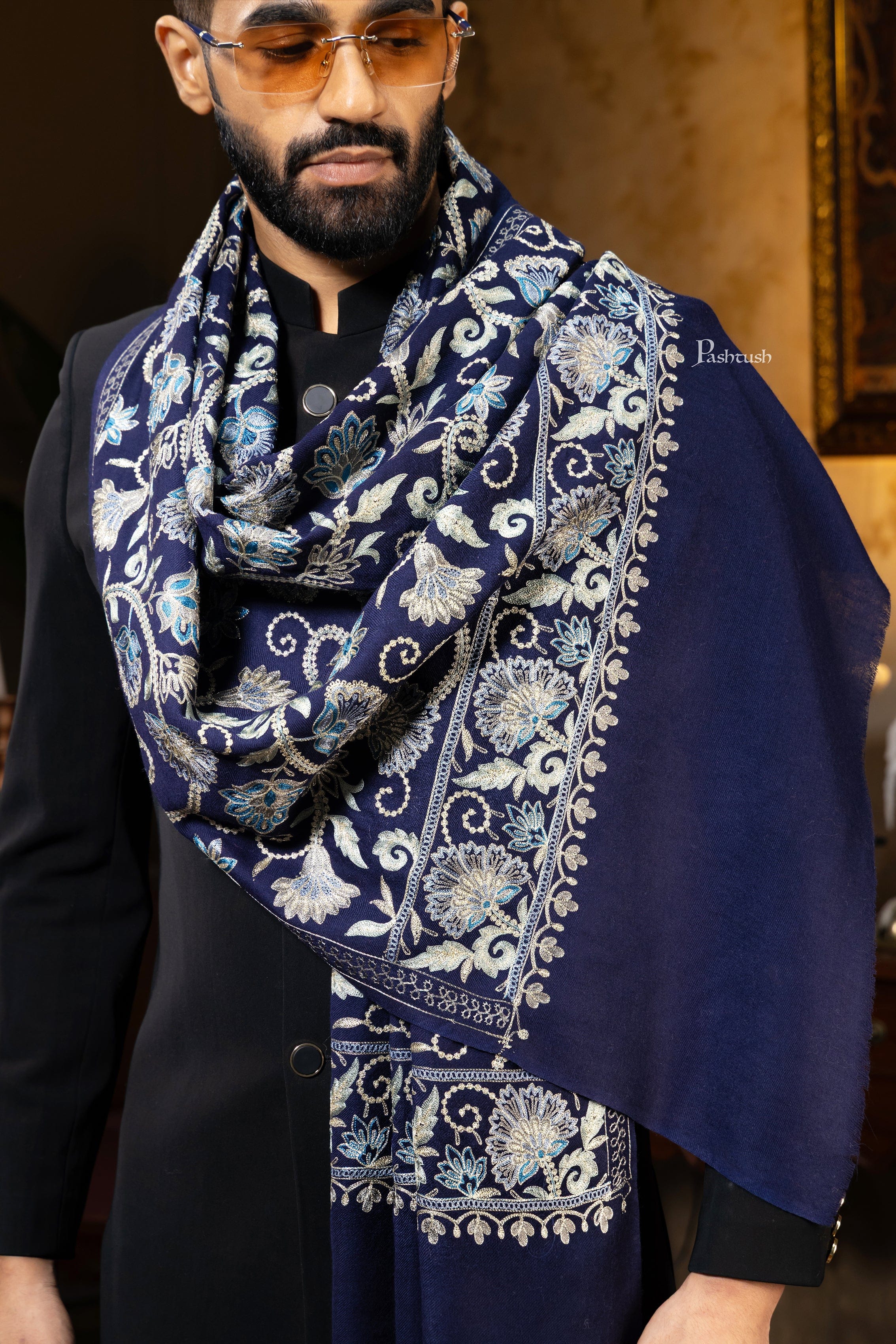 Pashtush His and Her Gift Set of Mens Silk Wool Embroidery Stole and Womens Pure Cashmere Stole, Navy Blue and Ombre, Packaged in Keepsake Wooden Chester Gift Box - Image 6