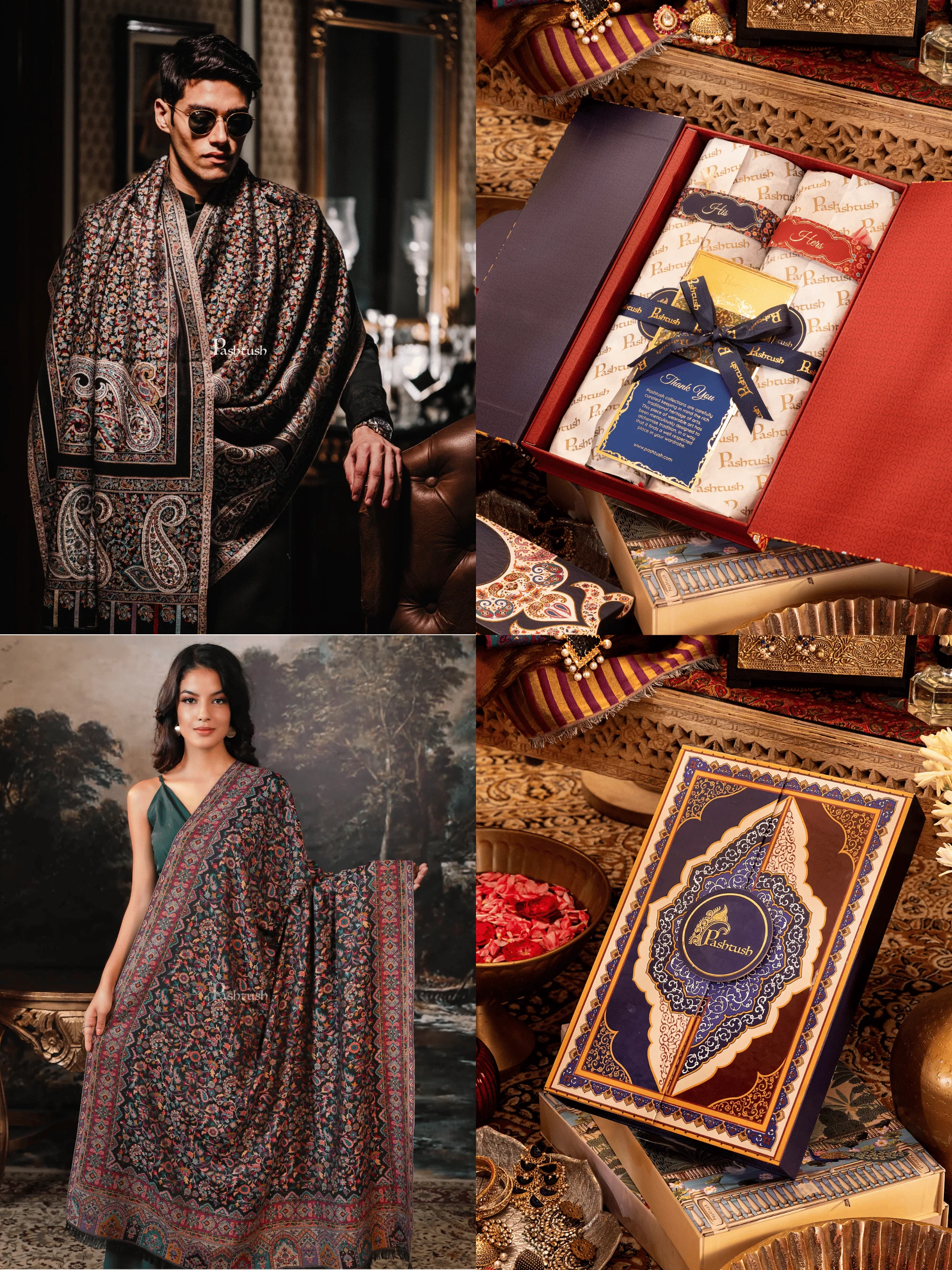 Pashtush His And Her Gift Set of Mens Stole and Womens Shawl, Premium Gift Box Packaging, Black