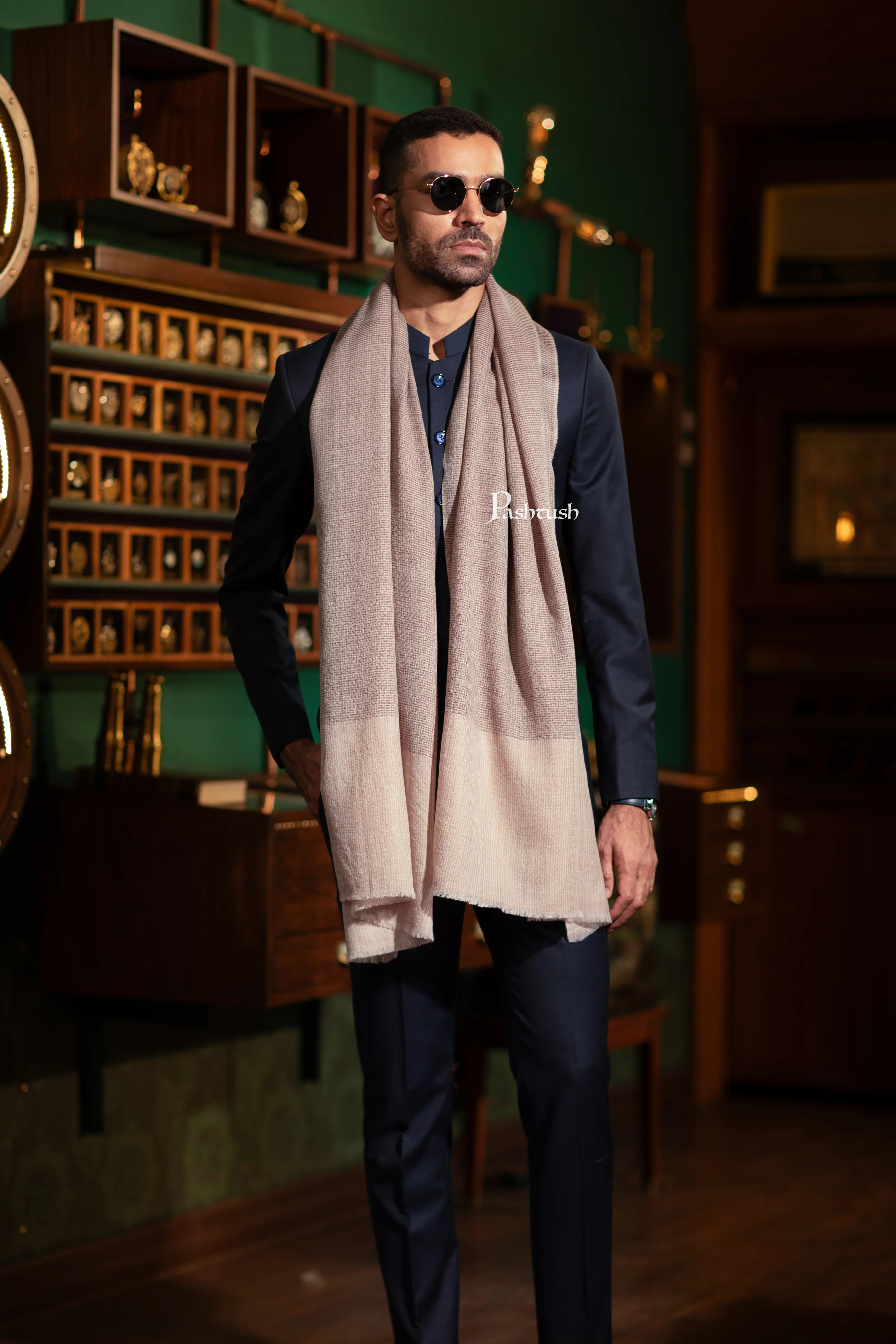 Pashtush His And Her Gift Set Of Silk Wool Stoles With Premium Gift Box Packaging, Houndstooth Weave, Taupe and Soft Pink - Image 6