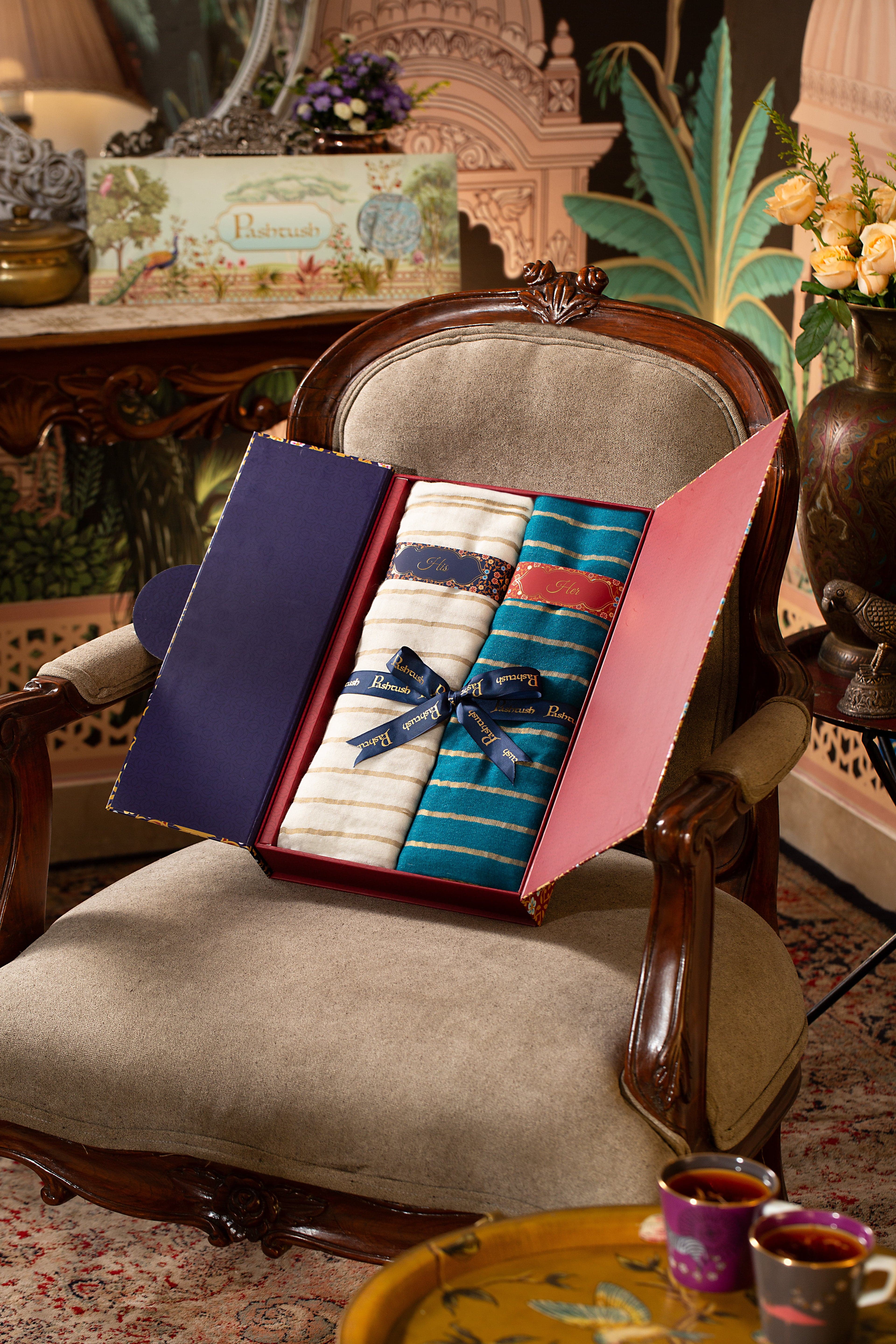 Pashtush His And Her Gift Set Of Striped Twilight Stoles, Premium Gift Box Packaging, Ivory and Blue - Image 3