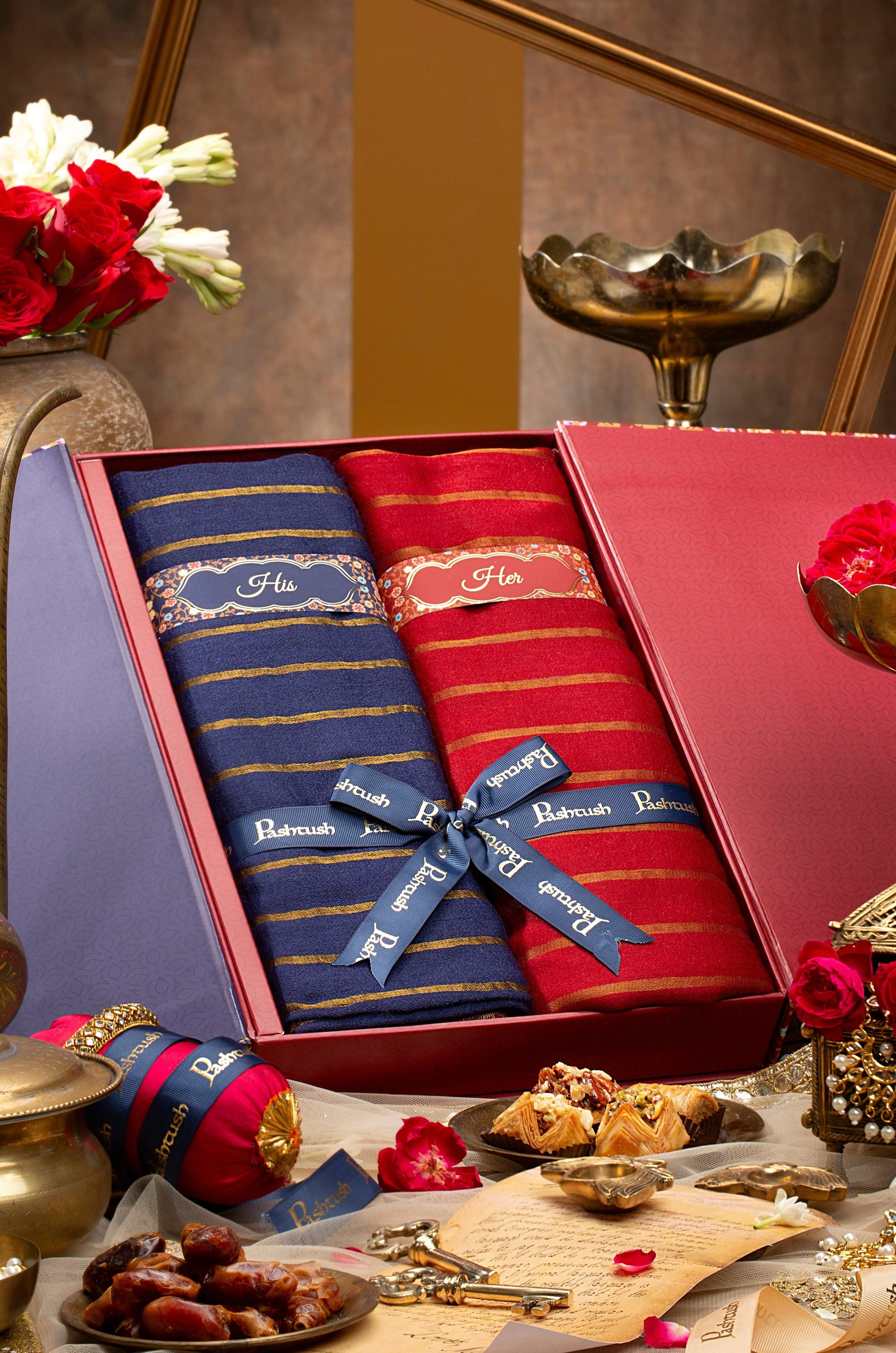 Pashtush His And Her Gift Set Of Striped Twilight Stoles With Premium Gift Box Packaging, Navy Blue And Scarlet Red