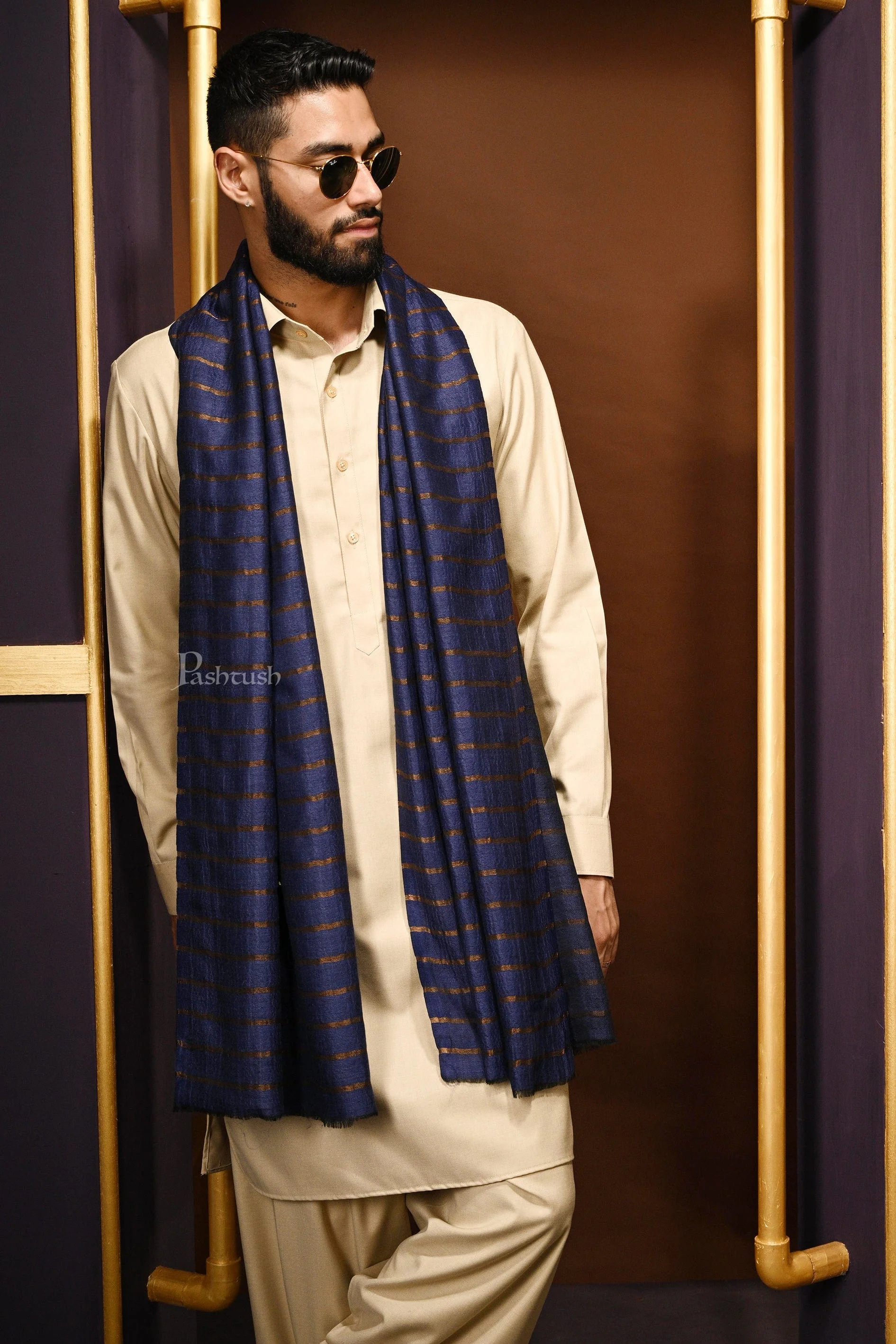 Pashtush Mens Twilight Collection, Striped Metallic Thread Weave, Fine Wool, Blue and golden - Image 3