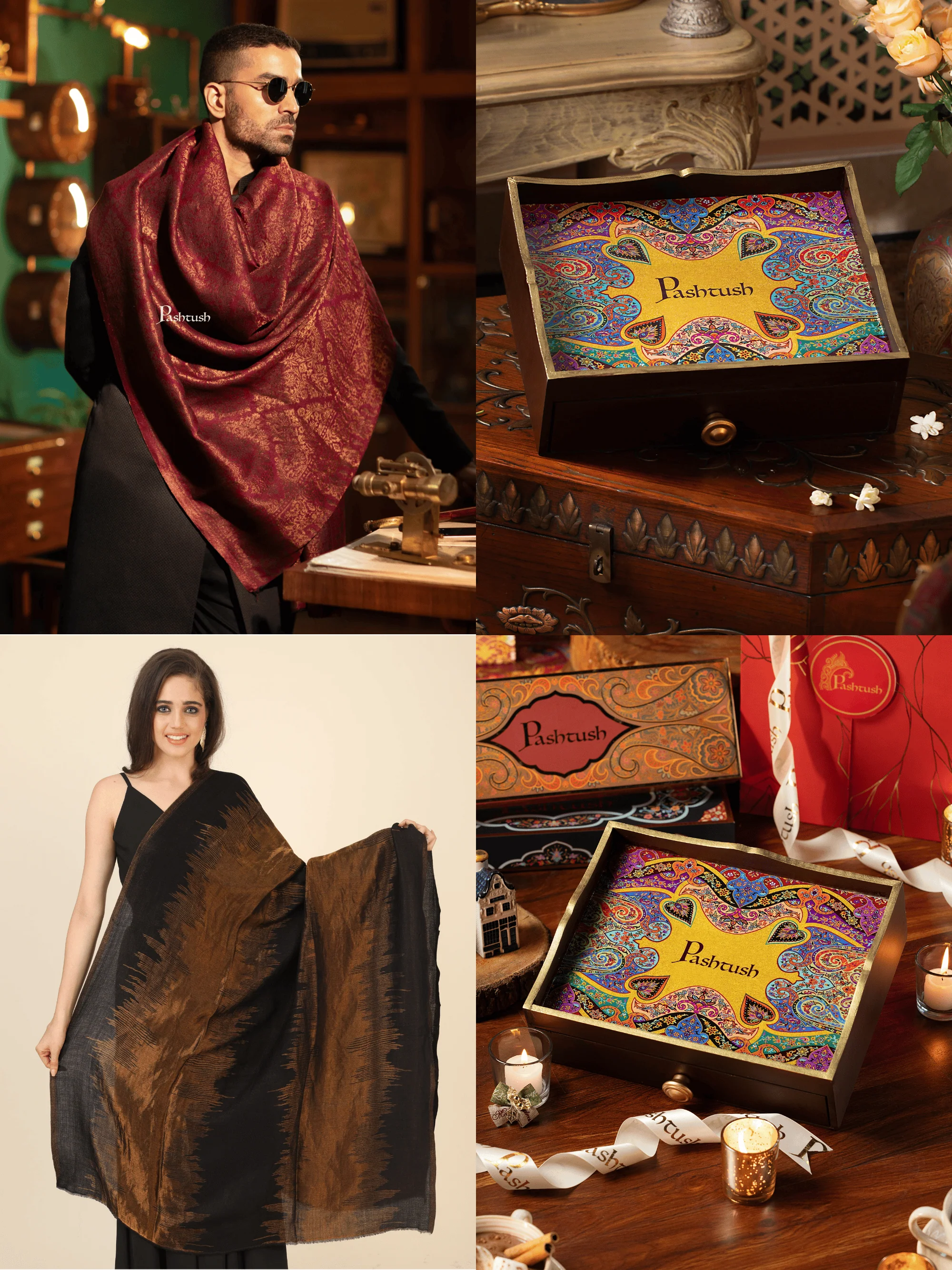 Pashtush His and Her Gift Set of Twilight Stole and Shawl, Maroon and Black, Packaged in Keepsake Wooden Chester Gift Box