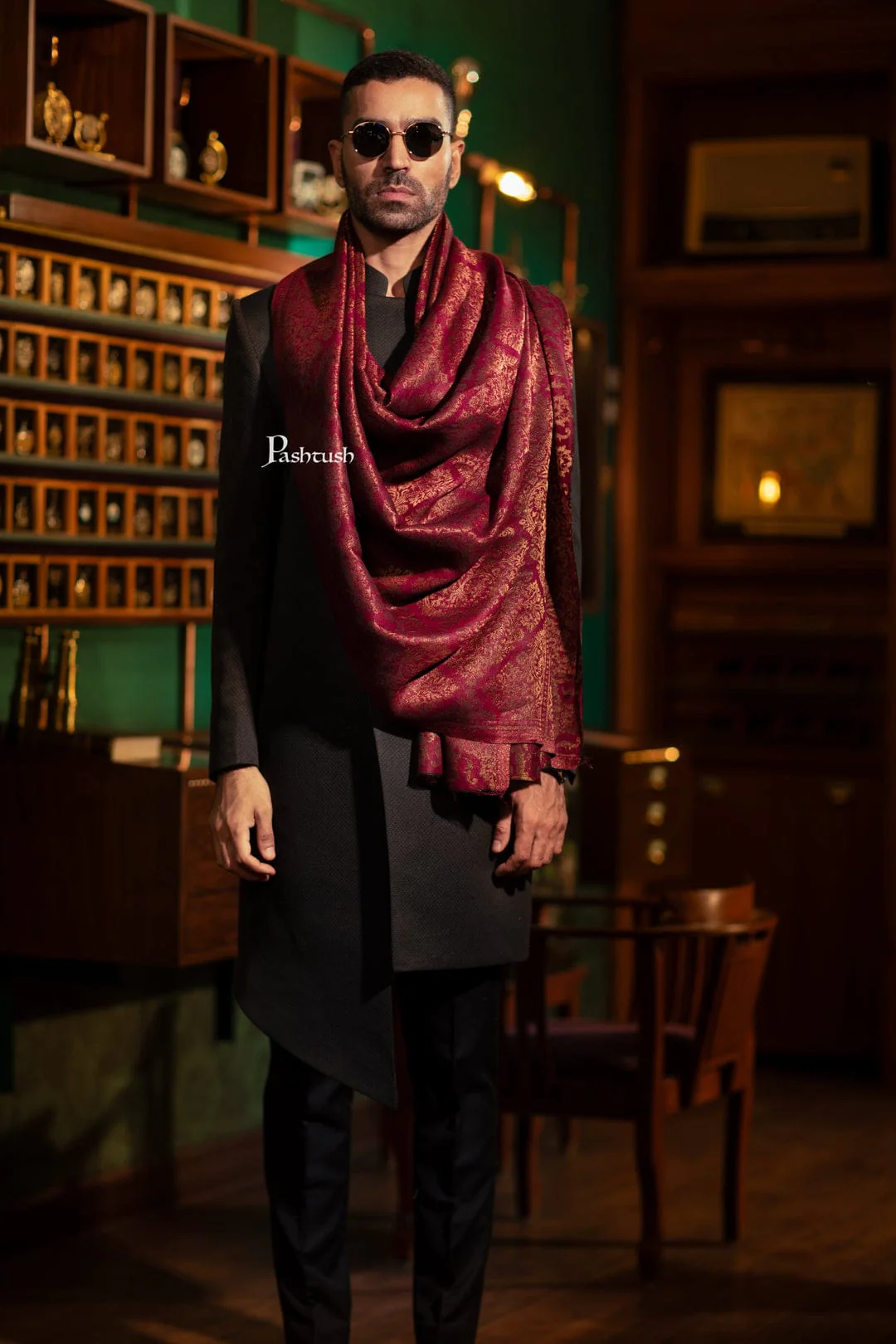 Pashtush His and Her Gift Set of Twilight Stole and Shawl, Maroon and Black, Packaged in Keepsake Wooden Chester Gift Box - Image 5